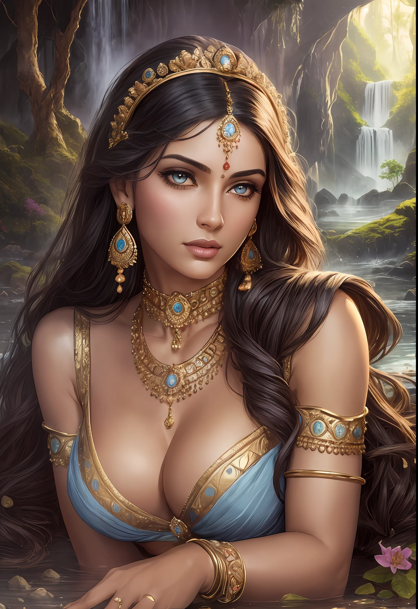 ((realistic:1.5)),((best quality)), ((masterpiece)),((detailed)), (1girl), {a beautiful female wearing a Sari}, (upper body:1.3),super-wide-angle lens,face focus, mature,sexy,toned muscles,long legs,curvy,barefoot,oversized firm breasts,open cleavage,drooping breasts,thick thighs,wide hips,thin legs,beautiful eyes,long black hair,floting hair,long eyelashes,(detailed face,beautiful eye,detailed pupilss,detailed clothes features,clear background:1.3),(Bindi,Jhumkas:1.3),(Armlet, Haar, Payal,Maang Tikka,Jhumkas,Kamarband,Bangles:1.3),mysterious ancient ruin, lush forests, deep canyons,bridge,river,cliff,cloud, lakes,rock,waterfalls, flowers, grass, fog,vine,tree, smoke,best shadow,bright details,sharp,perfect composistion, Intricate, Sharp focus, dramatic, by Frank Frazetta,by Julie Bell,by Olivia De Berardinis,by Luis Royo,by boris vallejo, (specular lighting:1.3),rim light,princesses,princesses playing with water,sinking ruins, royal skimpy underwear,random royal color,laying on the floor, sister laying next to princess, sister touching princess,thirsty face,erotic face,lips open,almost undressed,underwear slid down,female bodyguard in armour,lips gasping,breathing hard