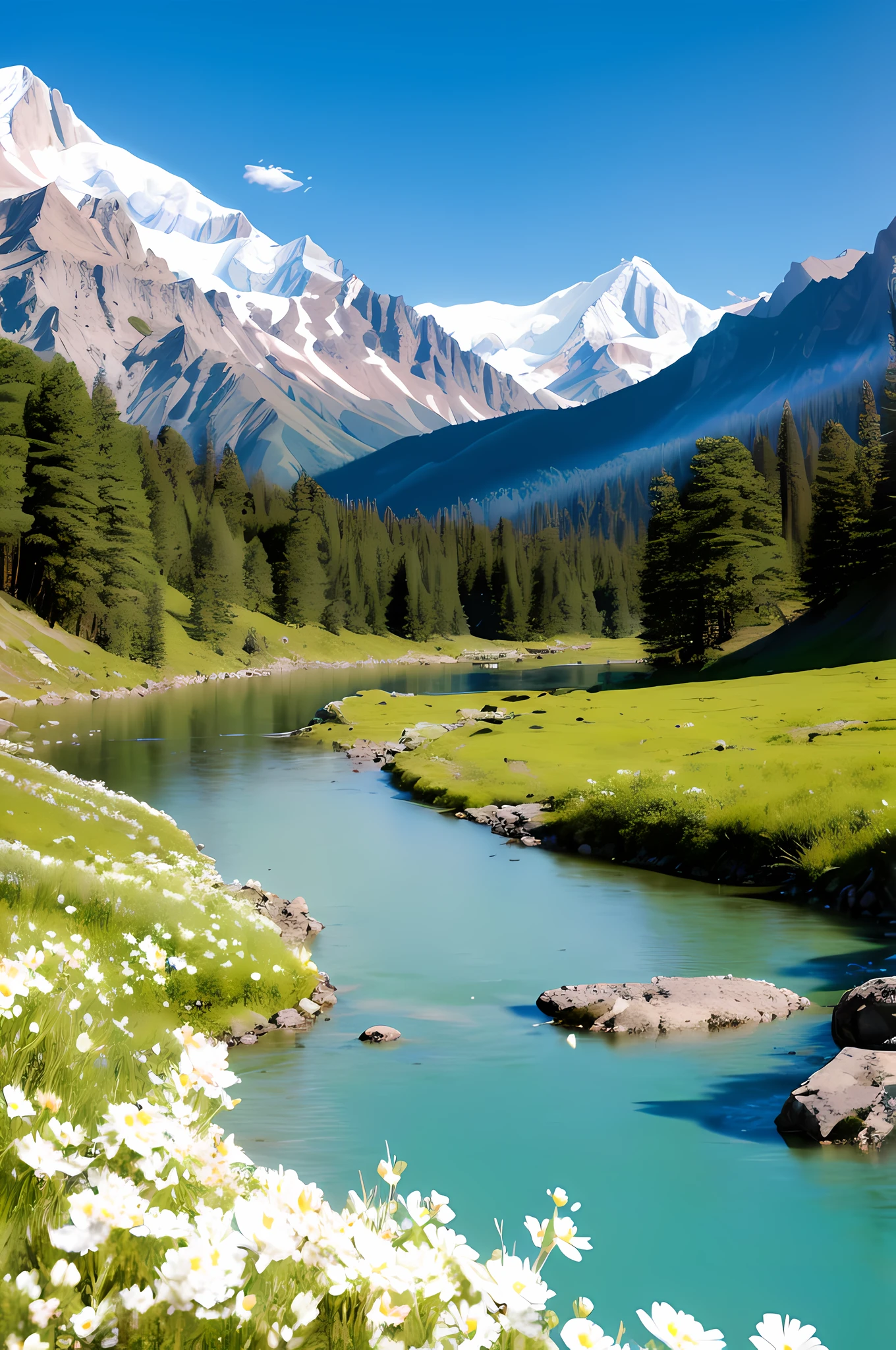 mountains and a river in the foreground with white flowers in the foreground, majestic nature scenery, very beautiful scenery, very very beautiful scenery, very very very beautiful scenery, mountains and rivers, rocky mountains and a river, breathtaking scenery, alpine scenery, beautiful scenery, stunning scenery, natural landscape beauty, mountains river trees, mountainous setting, lovely valley, beautiful nature