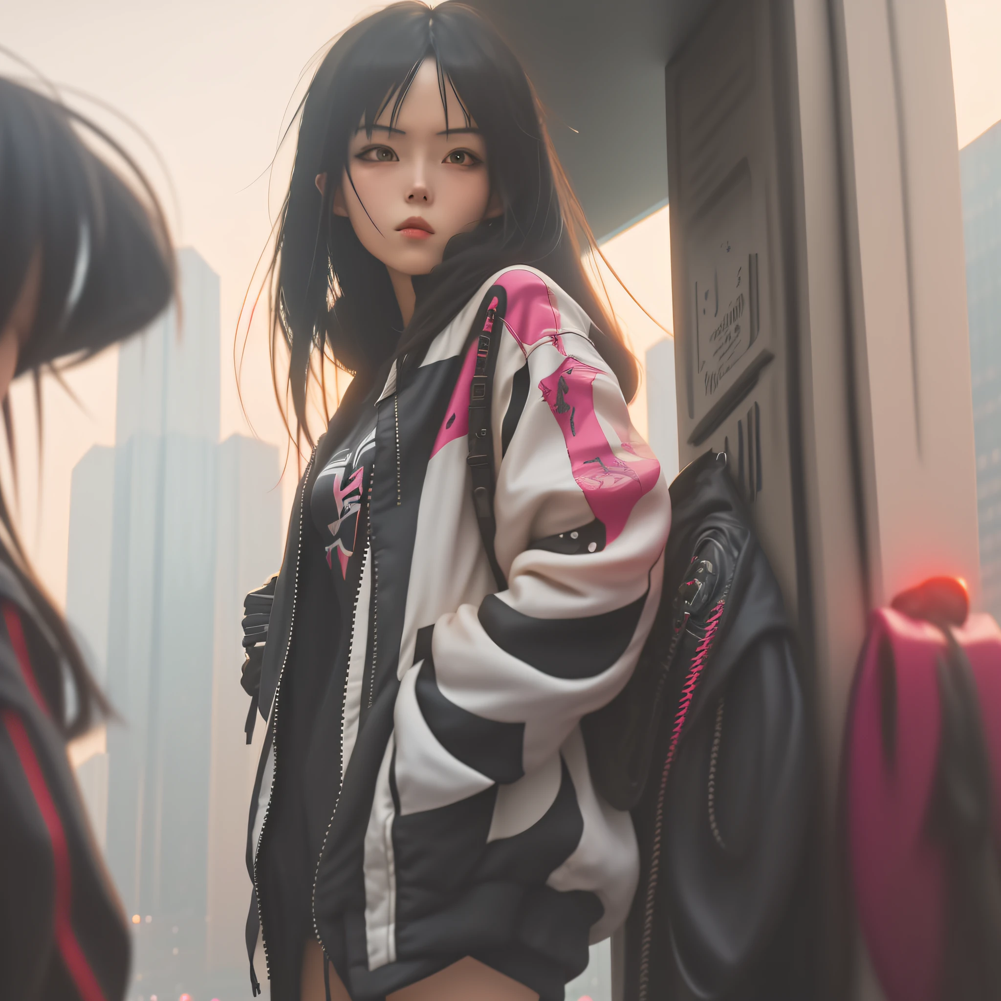 there is a woman standing on the side of the street, cyberpunk art by Yang J, trending on Artstation, realism, artwork in the style of guweiz, anime style. 8k, guweiz, realistic anime 3 d style, trending on cgstation, 🤤 girl portrait, hyper-realistic cyberpunk style, anime style mixed with fujifilm, dreamy cyberpunk girl
