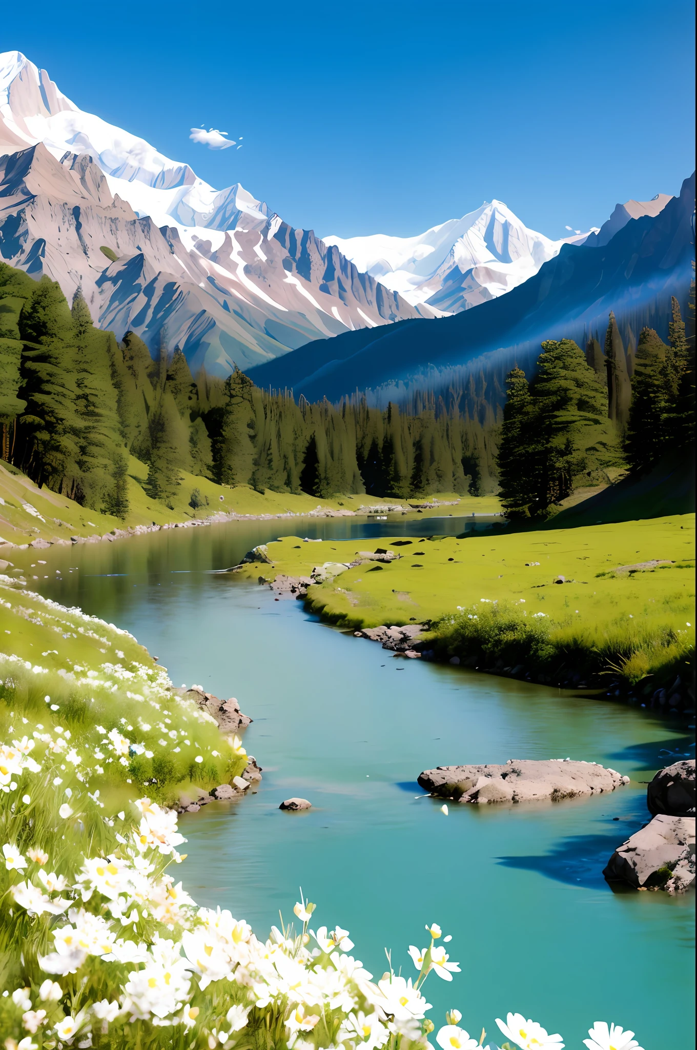 mountains and a river in the foreground with white flowers in the foreground, majestic nature scenery, very beautiful scenery, very very beautiful scenery, very very very beautiful scenery, mountains and rivers, rocky mountains and a river, breathtaking scenery, alpine scenery, beautiful scenery, stunning scenery, natural landscape beauty, mountains river trees, mountainous setting, lovely valley, beautiful nature