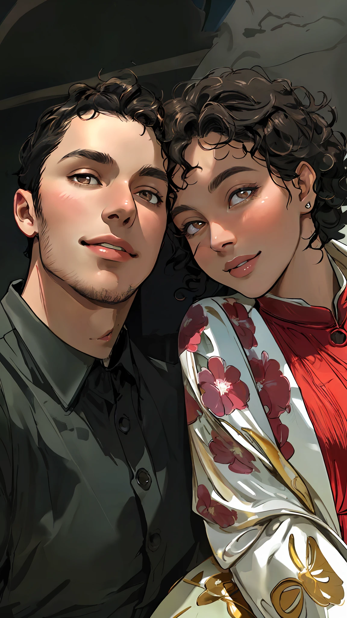 Romantic. passionate, happy facial expression. Woman with short black curly curly hair. Woman with honey-colored eyes and rounded nose. good quality. Ultra quality. Film. elegant. I suggest detailed. dynamic pose. Color grading, realistic