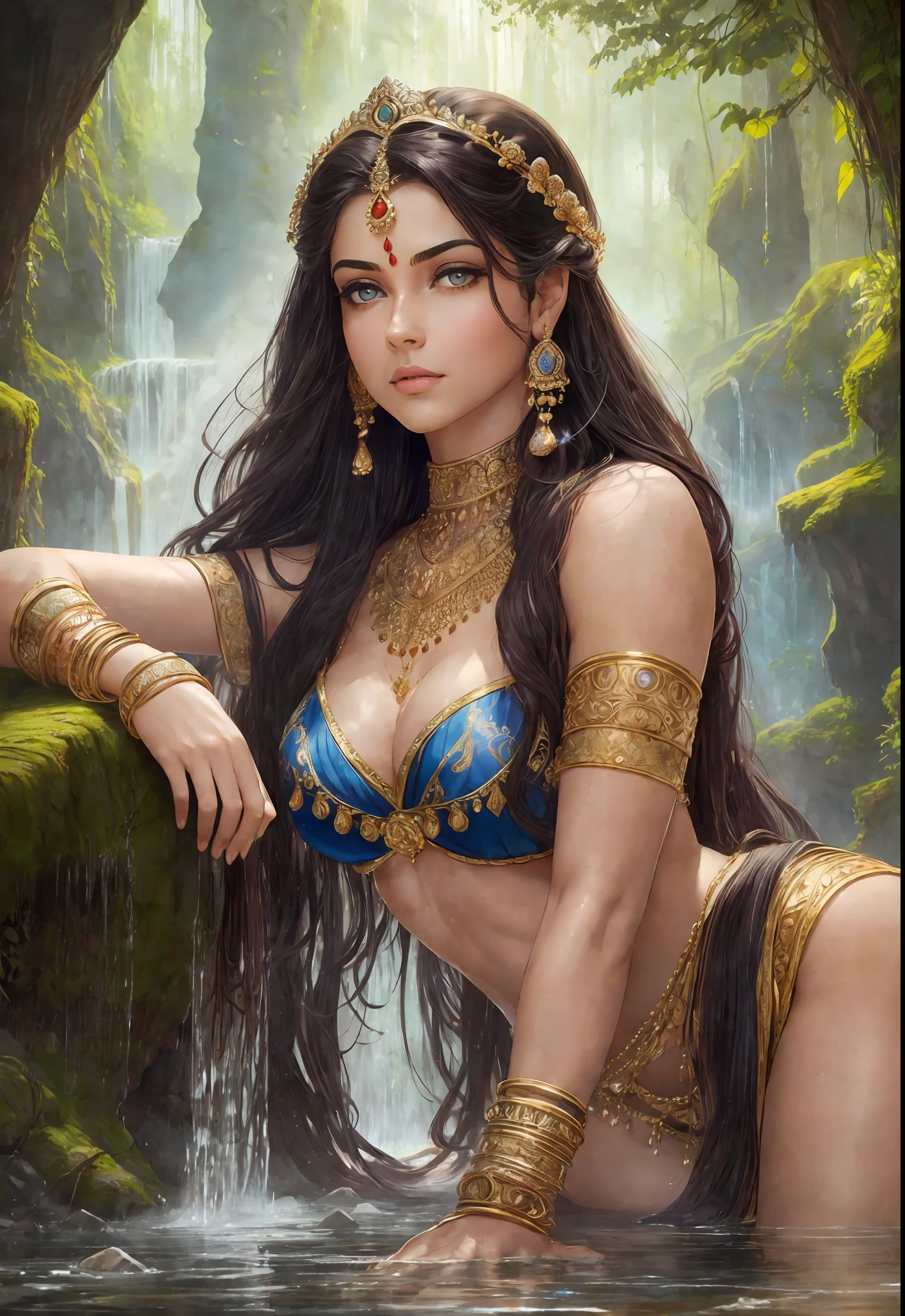 ((realistic:1.5)),((best quality)), ((masterpiece)),((detailed)), (1girl), {a beautiful female wearing a Sari}, (upper body:1.3),super-wide-angle lens,face focus, mature,sexy,toned muscles,long legs,curvy,barefoot,oversized firm breasts,open cleavage,drooping breasts,thick thighs,wide hips,thin legs,beautiful eyes,long black hair,floting hair,long eyelashes,(detailed face,beautiful eye,detailed pupilss,detailed clothes features,clear background:1.3),(Bindi,Jhumkas:1.3),(Armlet, Haar, Payal,Maang Tikka,Jhumkas,Kamarband,Bangles:1.3),mysterious ancient ruin, lush forests, deep canyons,bridge,river,cliff,cloud, lakes,rock,waterfalls, flowers, grass, fog,vine,tree, smoke,best shadow,bright details,sharp,perfect composistion, Intricate, Sharp focus, dramatic, by Frank Frazetta,by Julie Bell,by Olivia De Berardinis,by Luis Royo,by boris vallejo, (specular lighting:1.3),rim light,princesses,princesses playing with water,sinking ruins, royal skimpy underwear,random royal color,laying on the floor, sister laying next to princess, sister touching princess,thirsty face,erotic face,lips open,almost undressed,underwear slid down,female bodyguard in armour,lips gasping,breathing hard