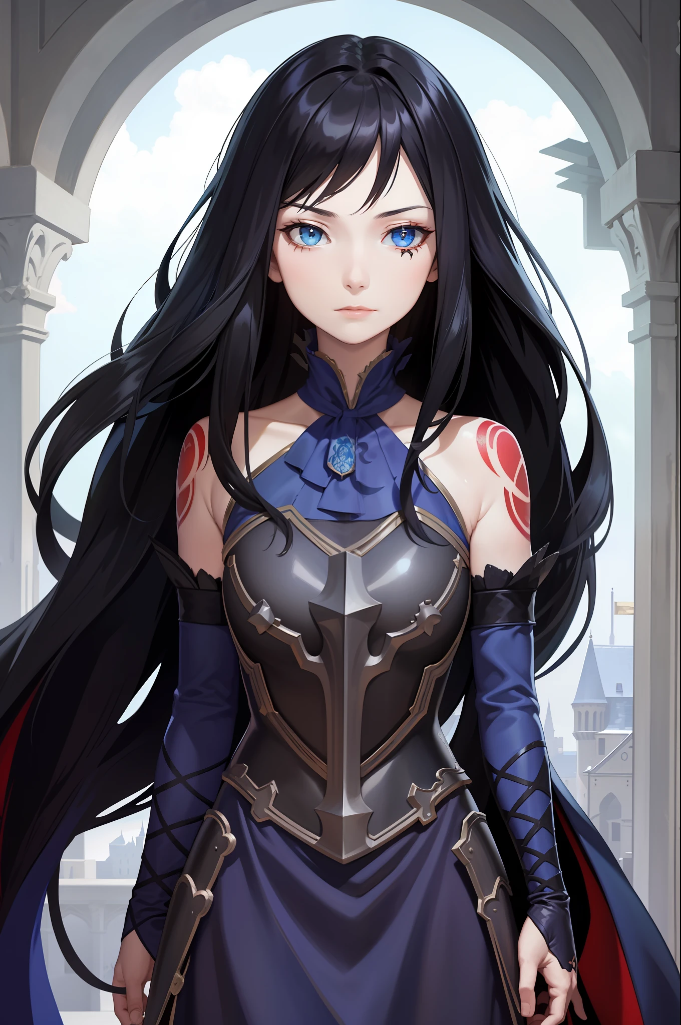 masterpiece, best quality, shanoa, armor, blue dress, detached sleeves, upper body, neutral expression, looking at viewer, gothic architecture, castle, night, (tattoo:1.3)