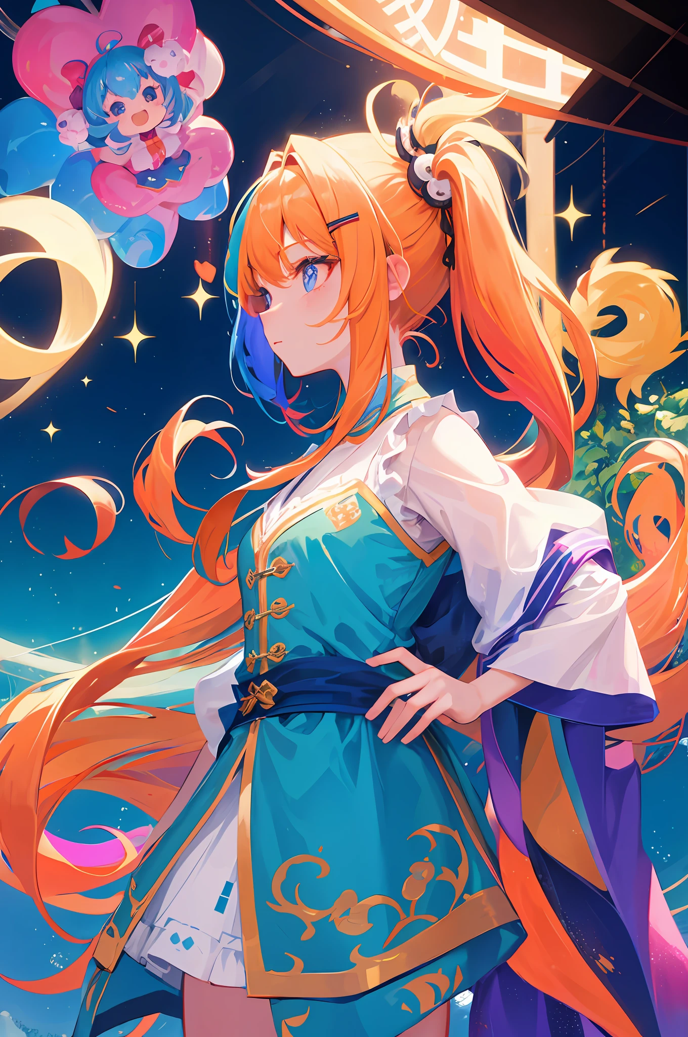 dutch angle, from side, dynamic angle, colorful, girl, cute, adorable, cute haipin, cute hair ornament, cute face, sparkling eyes, colored inner hair, shiny hair, cute background,