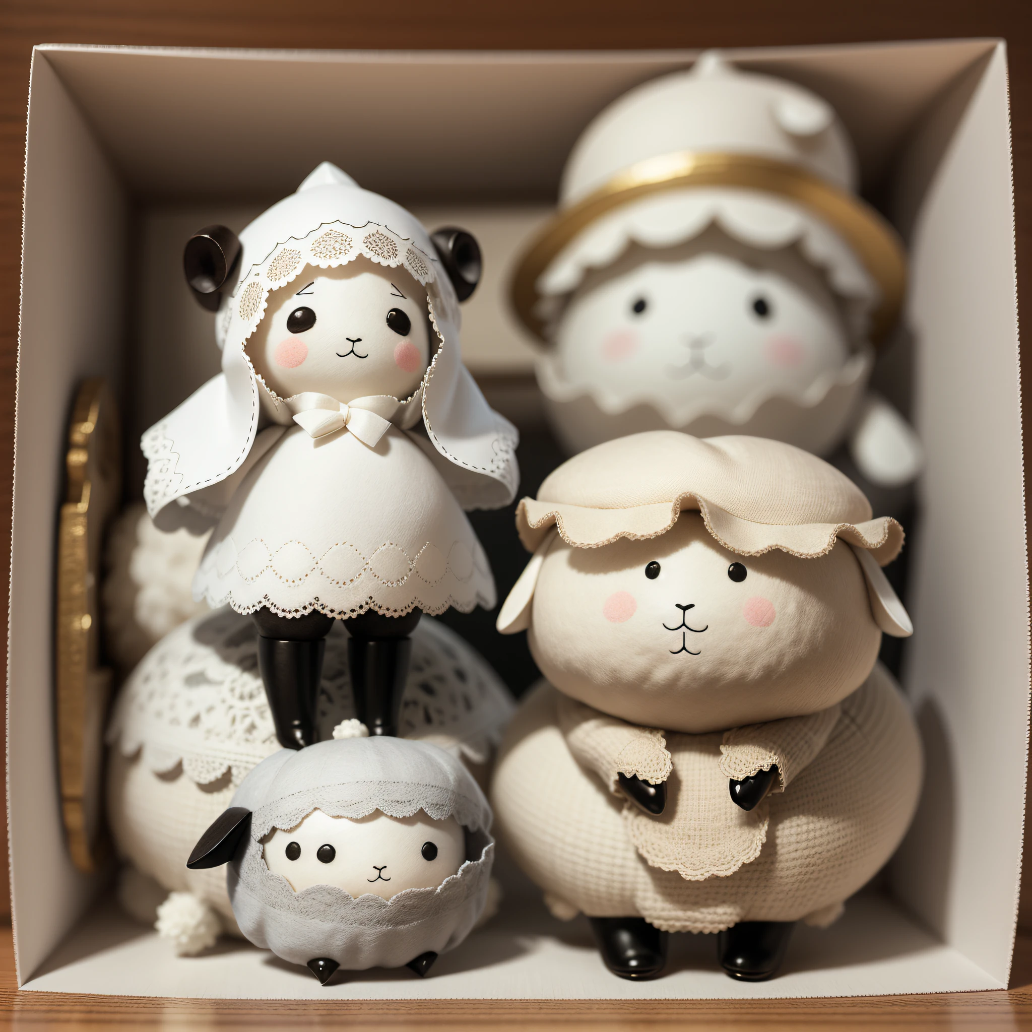 A sheep ear doll and stuffed sheep in a white round hat, Islamic style, super cute 3d rendering, best quality, winning piece, super detail, high detail, reference paper pattern,front view, side view, back view, cute world of wool felt,Jon Klassen, Ghibli Studio,
