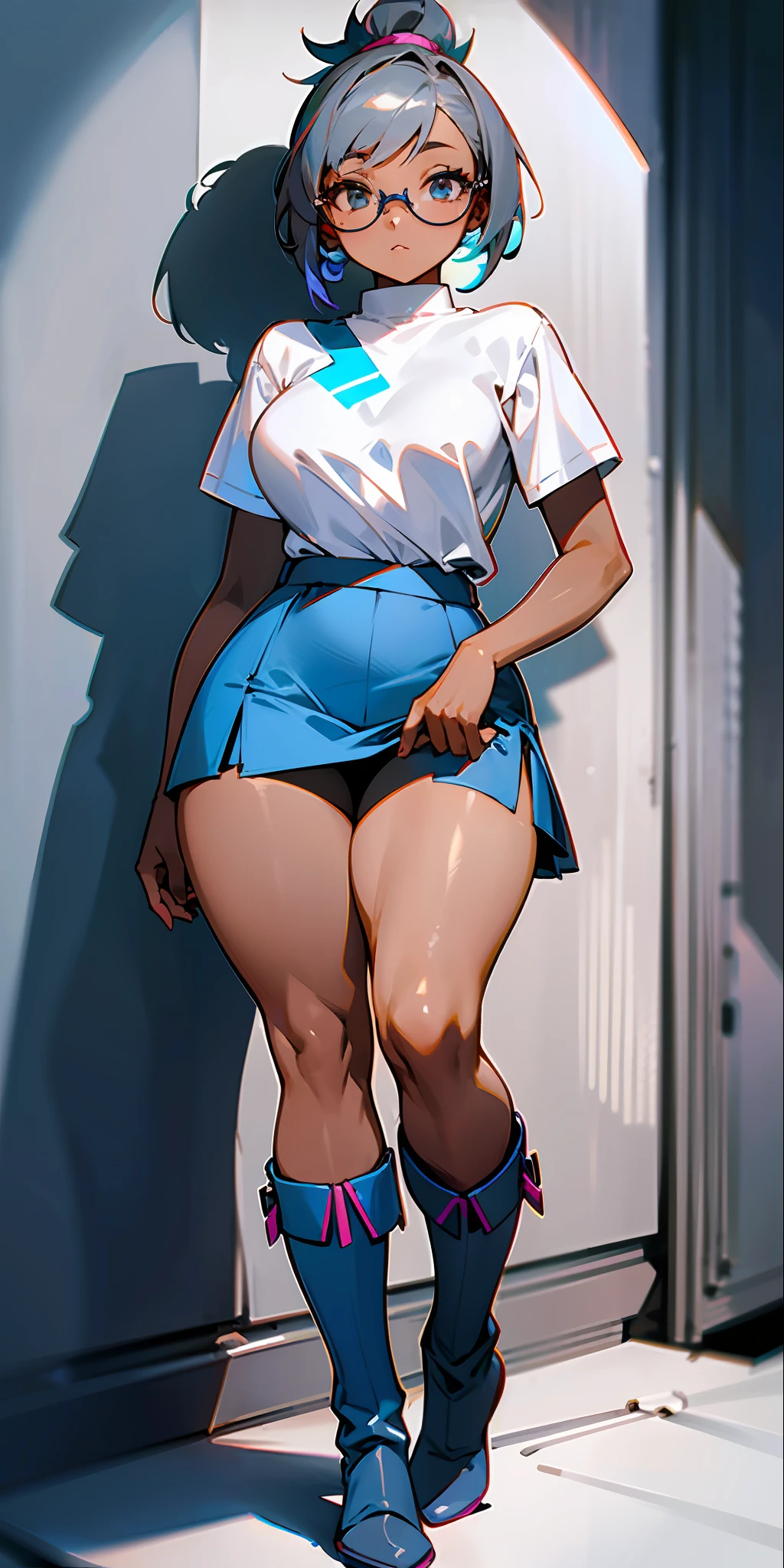 1girl dark skin, small breasts, wears thick frame glasses that highlight her facial features, with short hair, ponytail and gray, silver shirt, Underneath the shirt she wears another tight shirt, with details in vibrant colors and a blue skirt high boots with non-slip soles,