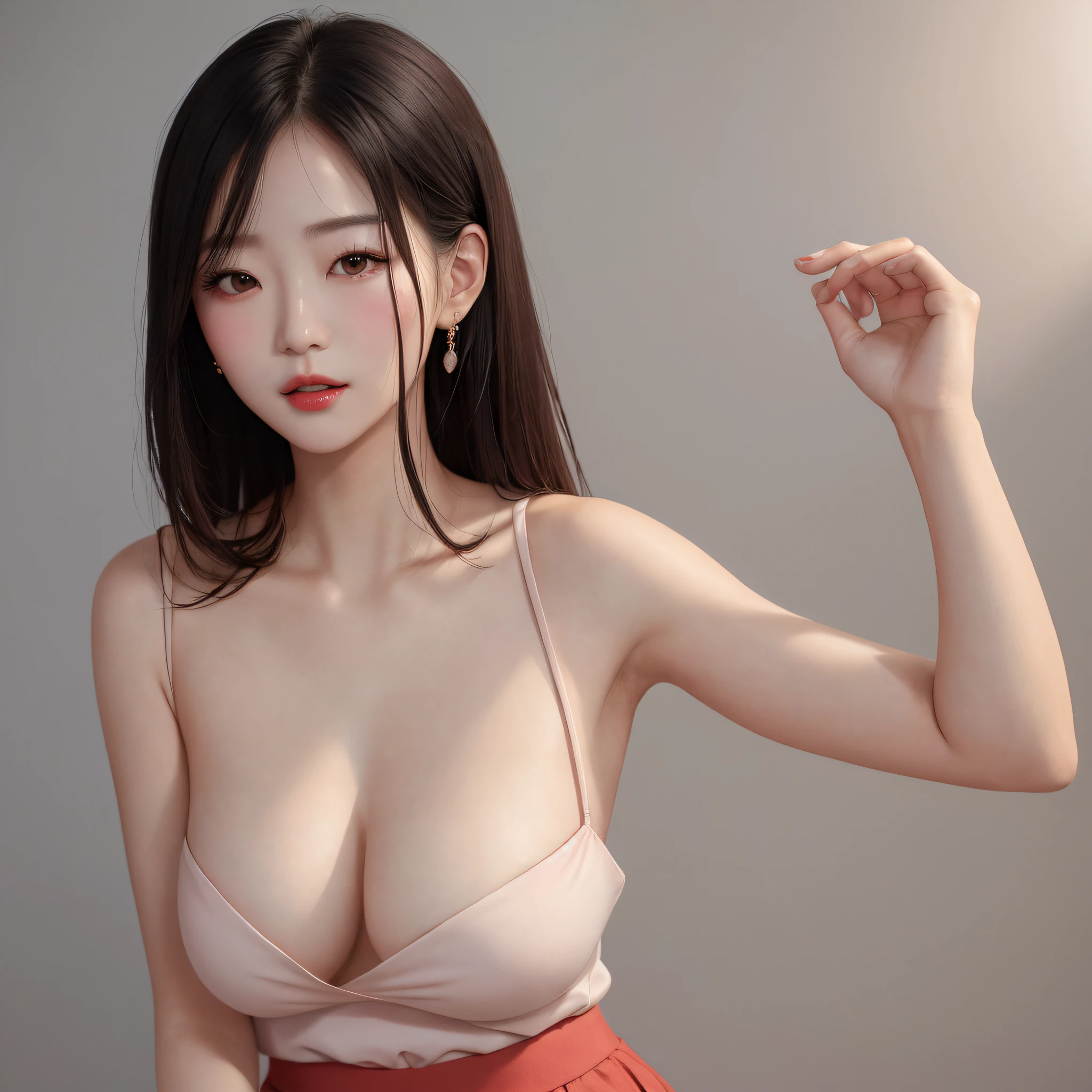 A sexy and charming Korean woman, elegant and intellectual, confident and generous, exquisite and beautiful face, exquisite collarbone, charming fragrant shoulders, low-cut pink wrap skirt without suspenders, full body photo, body facing the front, beautiful and exquisite pretty face, peach Red lips, fragrant shoulders slightly exposed, breasts looming, focus on the face, seductive and delicate collarbone, ultra-high resolution, tender and smooth skin, very realistic details, simple background, ultra-high-definition, outstanding details, 8K, blushing face, Attractive collarbone, sexy shoulders