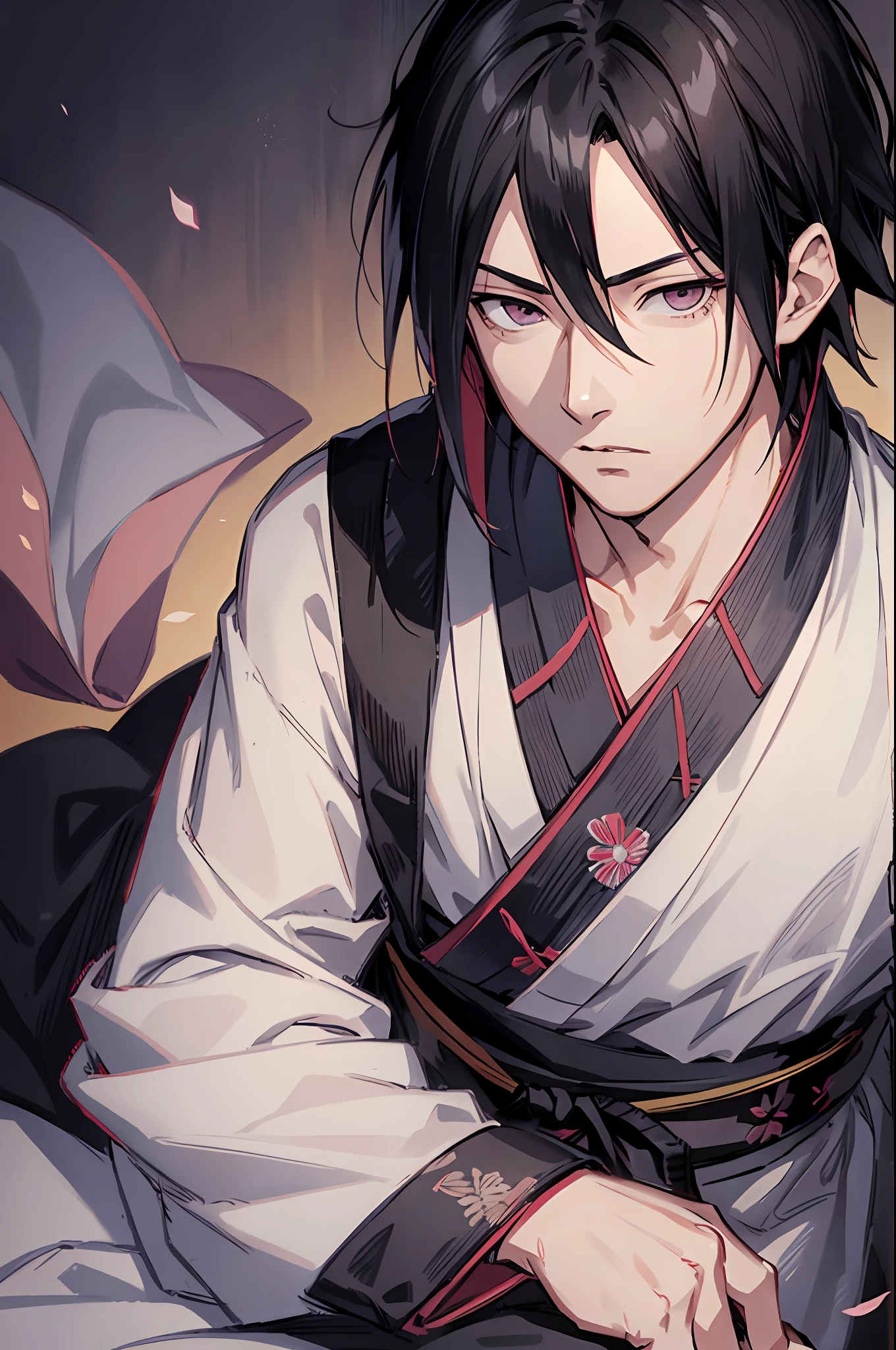 Sasuke uchiha, man, (Sasuke), handsome face, masterpiece, best quality, (1 man), 25 years, mature, short hair, elegant nose,pale skin, broad shoulders, korean hair, black hair, ((Korean face)), (one of the eyes covered by bangs) black eyes, wearing kimono, ninja clothes, shinobi, feudal japan, from above, depth of field, feudal city, end of day, twilight, dusk, dark theme,  Masashi Kishimoto Traces