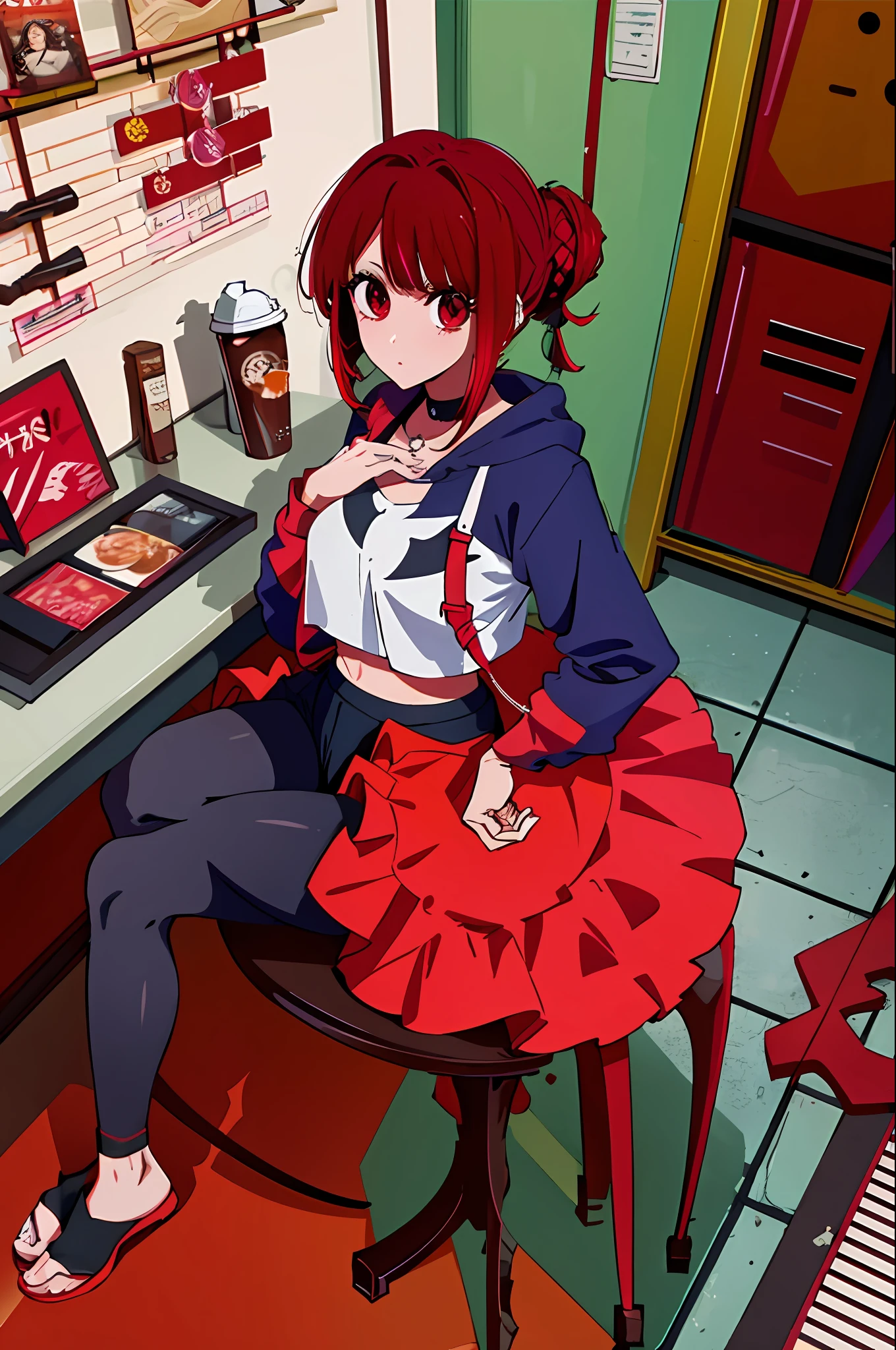 1 girl, Red hair, updo hairstyle, streaks of hair in face, red eyes, mascara, oversized hoodie, midriff, hot pants, tights, laced tights, bags under eyes, sitting, coffee shop, ground angle shot, viewer looking up, feet in tights,  saggy tits, chocker, raw photography, 8k, masterwork,