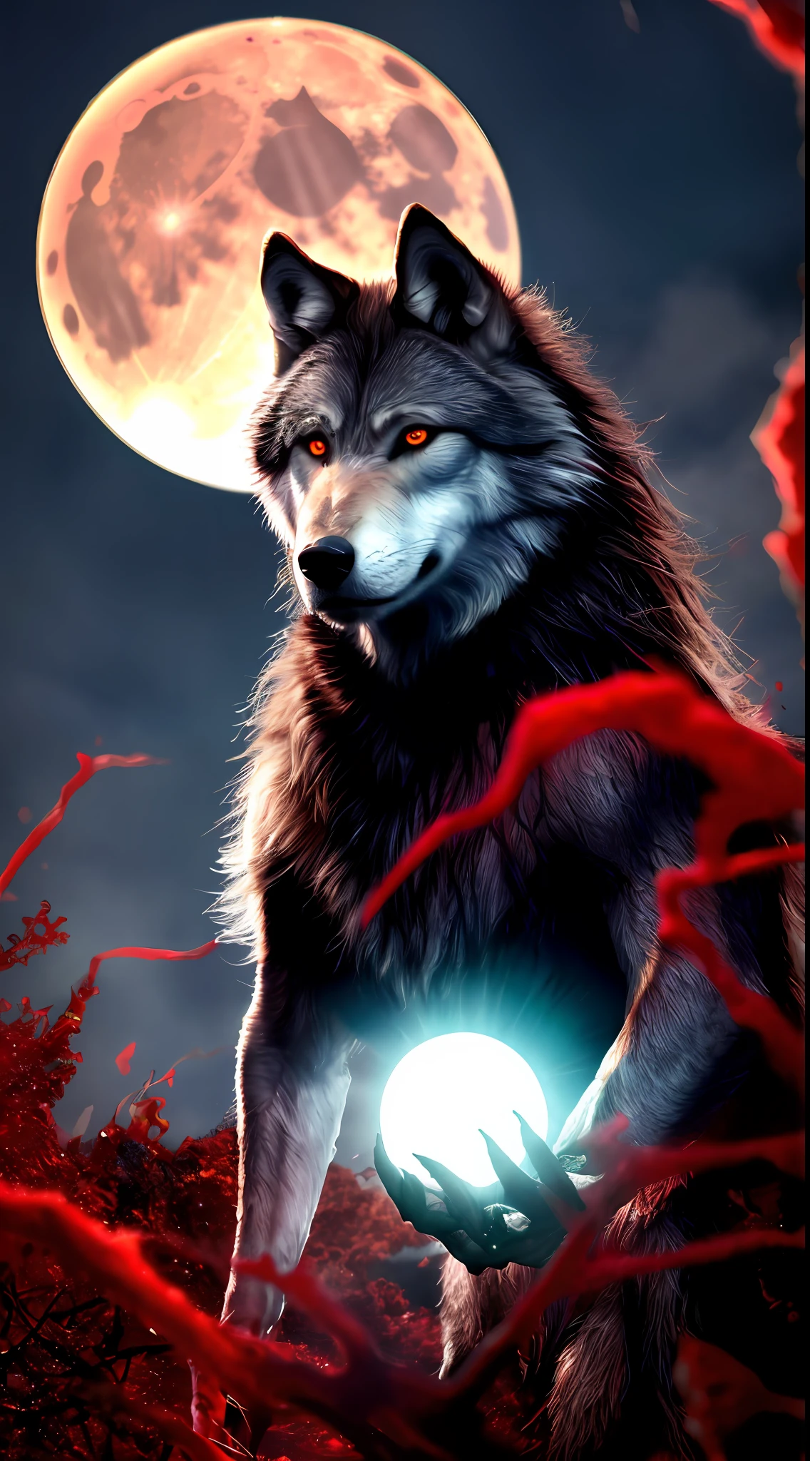 best quality, masterpiece, a monster, god, saint, mist, big bleeding red eye and blood moon as background, elden's ring, wolf, werewolf