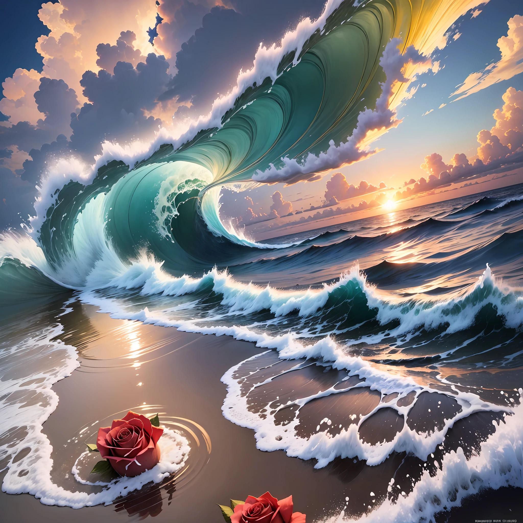 Waves, roses, sun, warm light, flying fish, wings, blisters, reflections, clouds --auto --s2