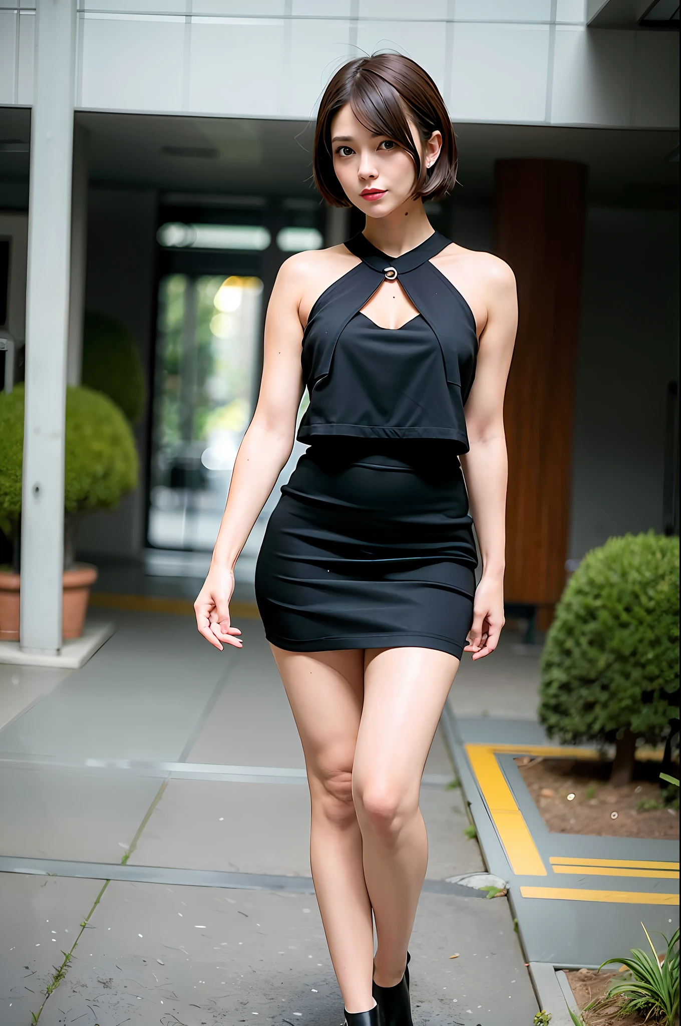 mix4, 20D, Solo, short_hair, office_lady, Standing, Sexy, Suit, Camisole, Skirt, High Heels, look_at_viewer, (8K, RAW Photo, Best Quality, Masterpiece: 1.2), (Realistic, Photorealistic: 1.37), Professional Lighting, Photon Mapping, Radiosity, Physically Based Rendering, Blurred, Blurry Background, Depth "Of Field", Full Body, Full Body, Full Body Look, Beautiful Legs, Black Pantyhose, Full Body,