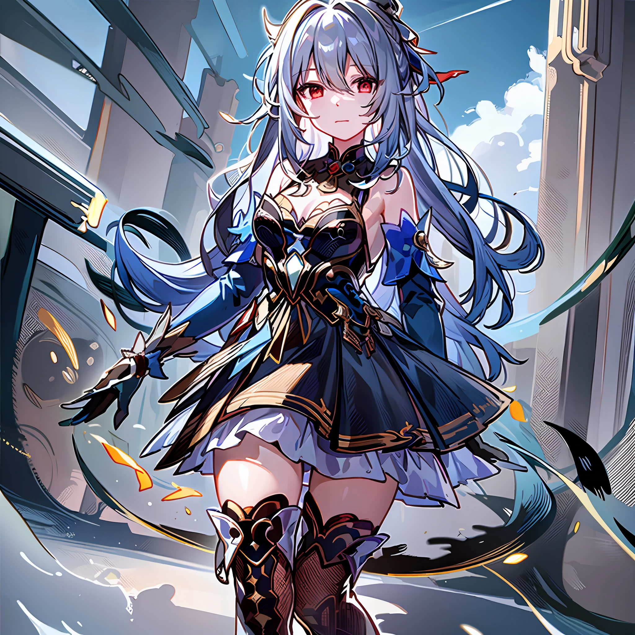 masterpiece, best quality, JingliuV4, 1girl, solo, looking at viewer, closed mouth, gloves, dress, black gloves, detached sleeves, hands behind back,