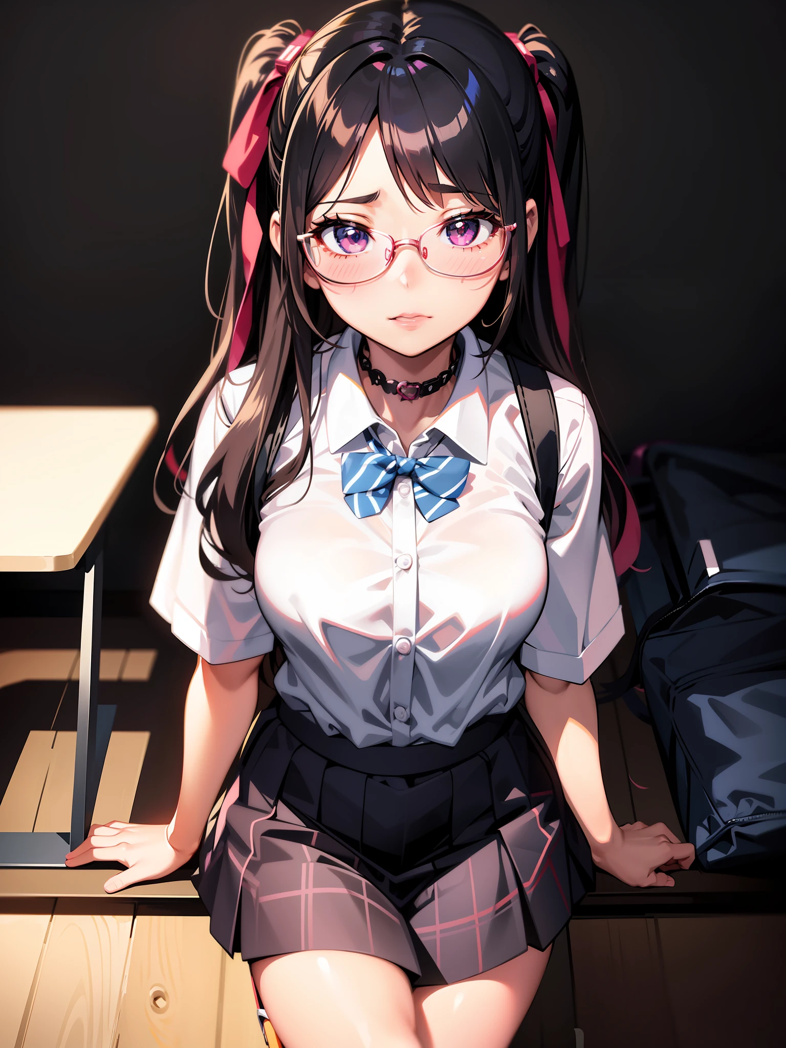 anime girl with glasses and a bow tie sitting on a desk, a hyperrealistic schoolgirl, realistic schoolgirl, hyperrealistic schoolgirl, beautiful anime high school girl, anime moe artstyle, smooth anime cg art, photorealistic anime girl render, anime visual of a cute girl, young anime girl, an anime girl, realistic young anime girl, realistic anime artstyle