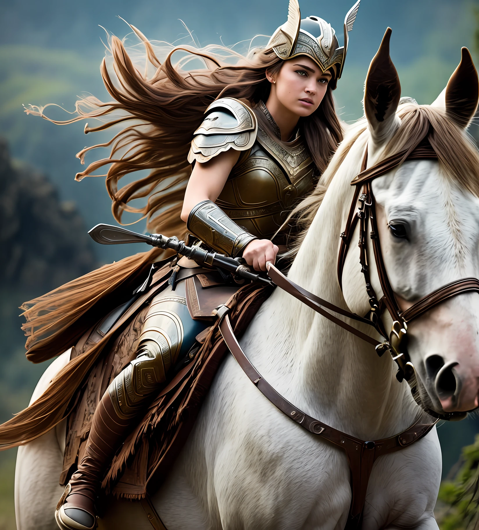 An ultrareakistic epic photography of a Valkyrie warrior on a horse riding into the battle, intense action, cinematic rim light, intense action, dynamic juxtaposition, young warrior, very high quality face, exploitable image, long windy hair, stylized dynamic folds, very rustic and beautiful woman, full focus, tiltshift, cinematic lighting, movie still, cinematic lighting, photograph, detailed symmetric realistic face, extremely detailed natural texture, peach fuzz, masterpiece, absurdres, nikon d850 film stock photograph, camera f1.6 lens, extremely detailed, amazing, fine detail, hyper realistic lifelike texture, dramatic lighting, unrealengine, cinestill 800 tungsten, looking at the viewer, RAW photo, high quality, highres, sharp focus, extremely detailed, 8k uhd. --auto --s2