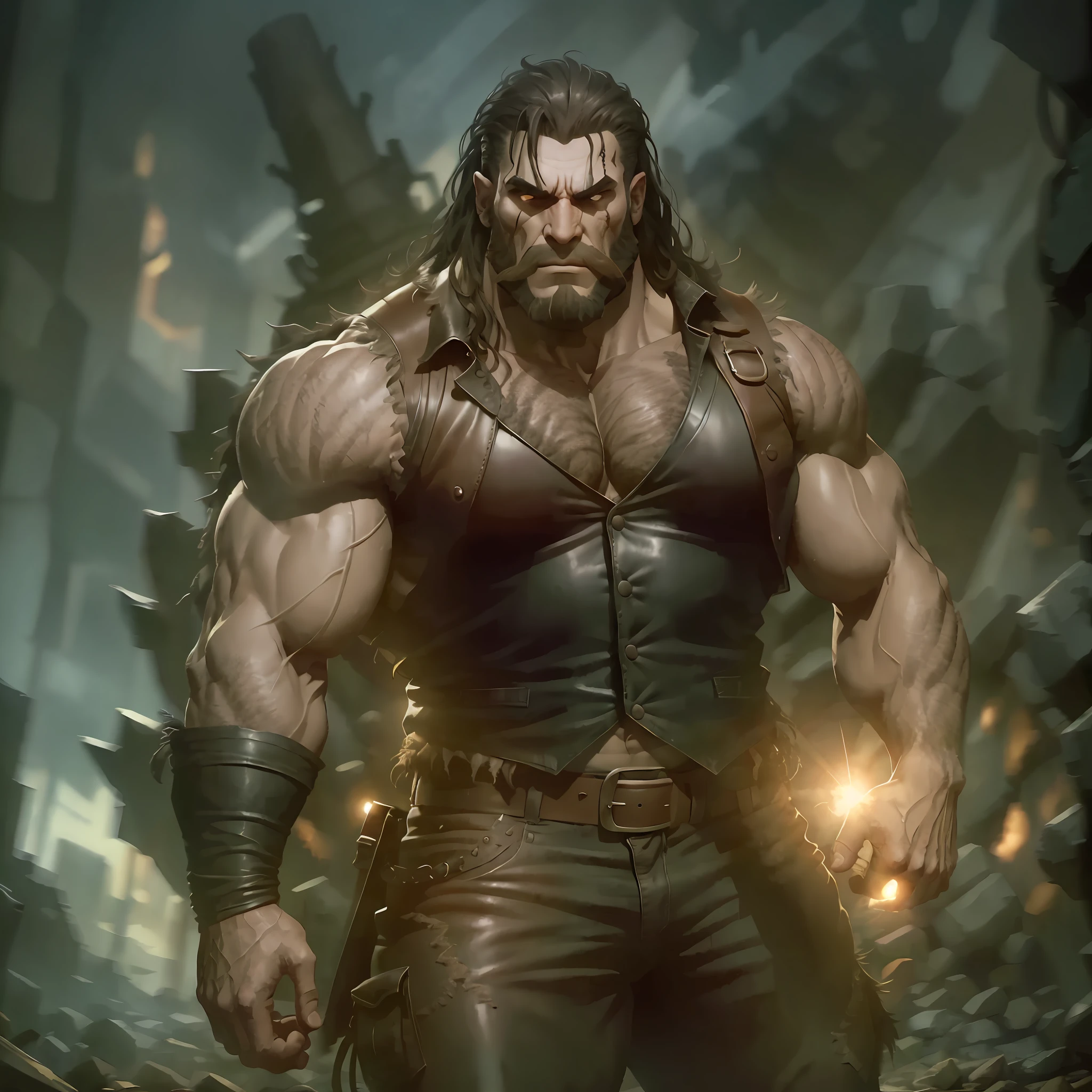 Monster Joe, scary appearance, colossal stature, 2, 10 feet tall, bulky and well-defined muscles, brutal skin is rough and covered in scars, terrifying face, prominent jaw and sharp teeth, eyes are deep and wild, nose is wide and flattened, hair long, matted and dirty, broad shoulders, thick and shaggy beard, canvas clothes. leather vest over the chest, rustic pants, thick leather belt, makeshift boots, high detail, cinematic lighting, high detail, cinematic lighting, UHD, masterpiece, textured skin, high details, best quality, 16k, UHD, masterpiece, textured skin, high details, best quality, 16k --auto --s2