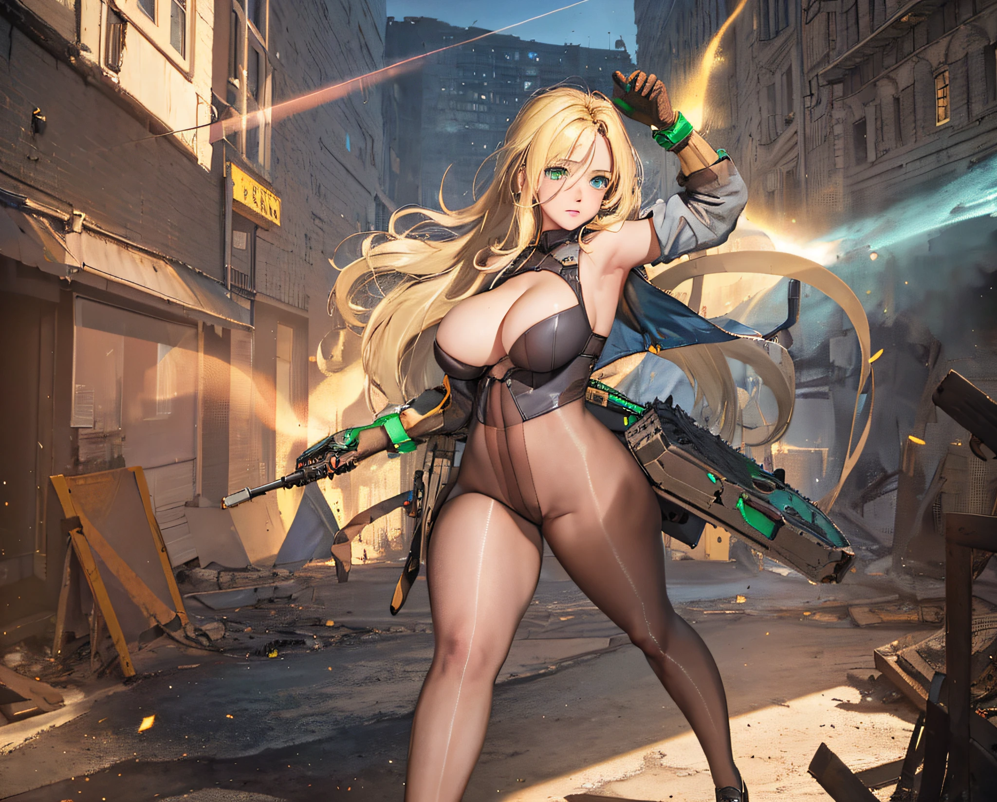 smog, post-apocalyptic, destroyed city background, buildings on fire, spaceship in the sky, science fiction, (thick:1.4), (long blonde:1.4), green eyes, HDR (high dynamic range), ray tracing, nvidia rtx, super resolution, unreal 5, subsurface scattering, PBR textures, post-processing, anisotropic filtering, depth of field ,maximum sharpness and sharpness, multi-layer textures, albedo and highlight maps, surface shading, Accurate simulation of light-material interactions, Octane rendering, duotone lighting, low ISO, white balance, rule of thirds, large aperture, 8K RAW, efficient sub-pixels, subpixel convolution, (luminous particles: 1.4), {{Masterpiece, Best Quality, Extremely detailed CG, Unity 8k wallpapers, 3D, cinematic lighting, lens flares}}, , meat legs, tights, skins