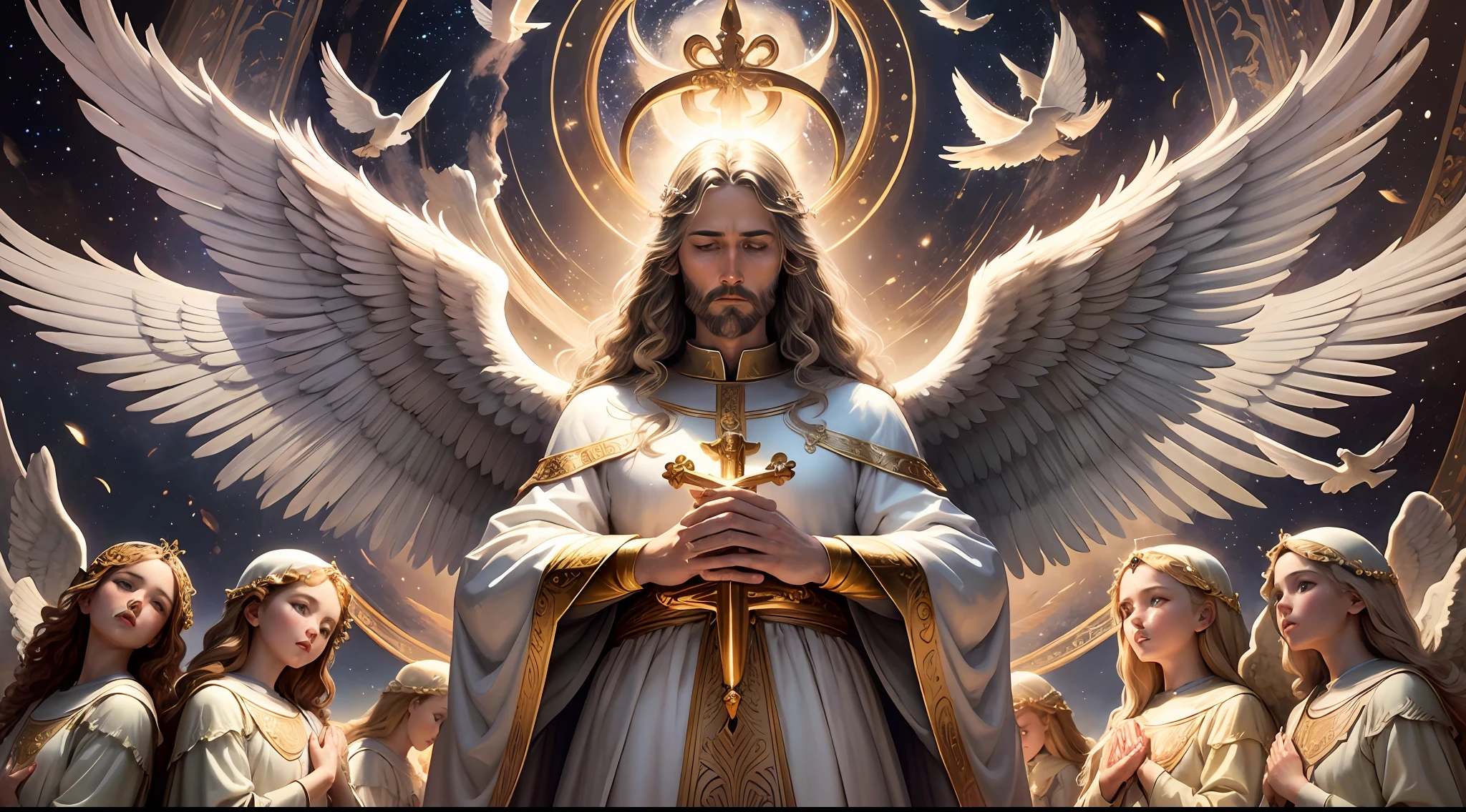 There are many angels who are standing in heaven, angels protecting a praying man, some cosmic angels, 2 angels, angels, angels in heaven, sacred images, trinity, religious images, full of paintings of angels, Catholic religious art, Jesus Christ, biblically accurate angels, flying angels, biblical angels --auto --s2