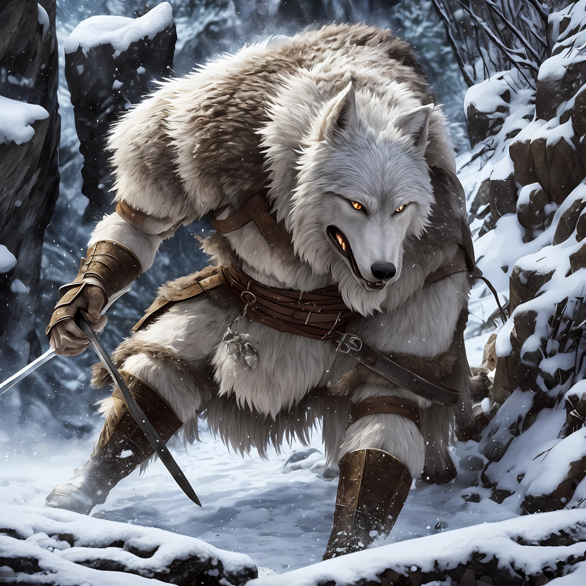 White werewolf killing medieval soldier in front of a cave in the mountains, realistic, Full HD, Best quality.