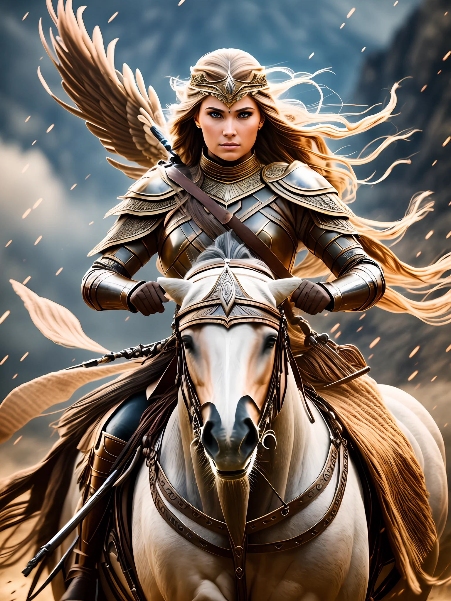 An ultrareakistic epic photography of a Valkyrie warrior on a horse riding into the battle, intense action, cinematic rim light, intense action, dynamic juxtaposition, young warrior, very high quality face, exploitable image, long windy hair, stylized dynamic folds, very rustic and beautiful woman, full focus, tiltshift, cinematic lighting, movie still, cinematic lighting, photograph, detailed symmetric realistic face, extremely detailed natural texture, peach fuzz, masterpiece, absurdres, nikon d850 film stock photograph, camera f1.6 lens, extremely detailed, amazing, fine detail, hyper realistic lifelike texture, dramatic lighting, unrealengine, cinestill 800 tungsten, looking at the viewer, RAW photo, high quality, highres, sharp focus, extremely detailed, 8k uhd. --auto --s2