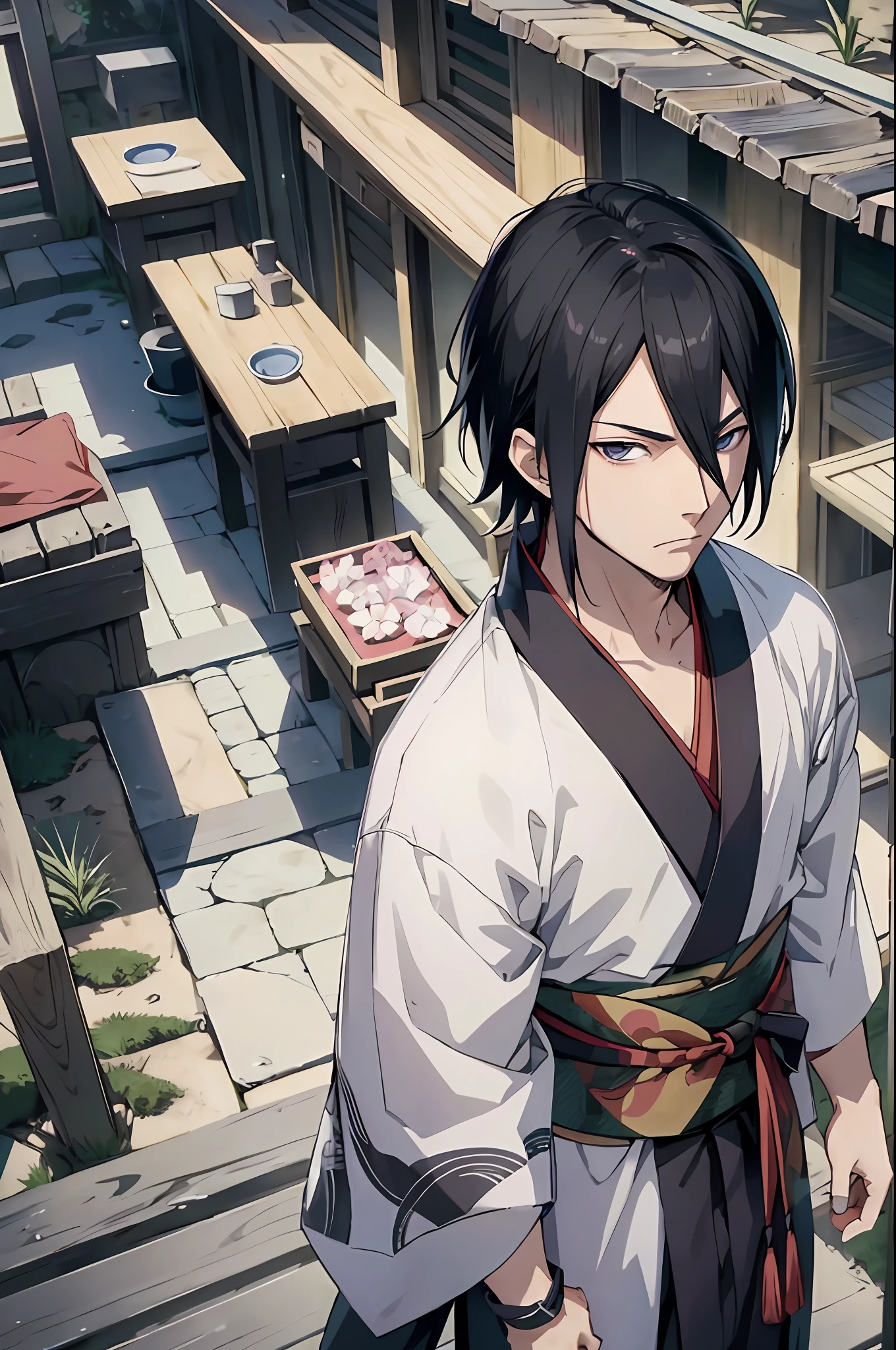 Sasuke uchiha, man, (Sasuke), handsome face, masterpiece, best quality, (1 man), 25 years, mature, short hair, elegant nose,pale skin, broad shoulders, korean hair, black hair, ((Korean face)), (one of the eyes covered by bangs) black eyes, wearing kimono, ninja clothes, shinobi, feudal japan, from above, depth of field, feudal city, end of day, twilight, dusk, dark theme, Masashi Kishimoto Traces