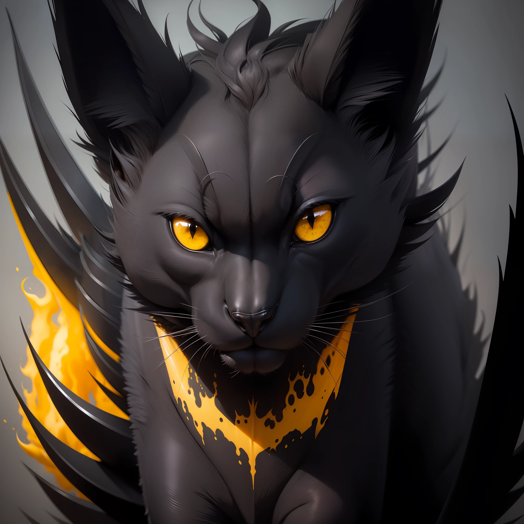 black creature quadruped, giant, yellow eyes, staring at the camera, frightening aura