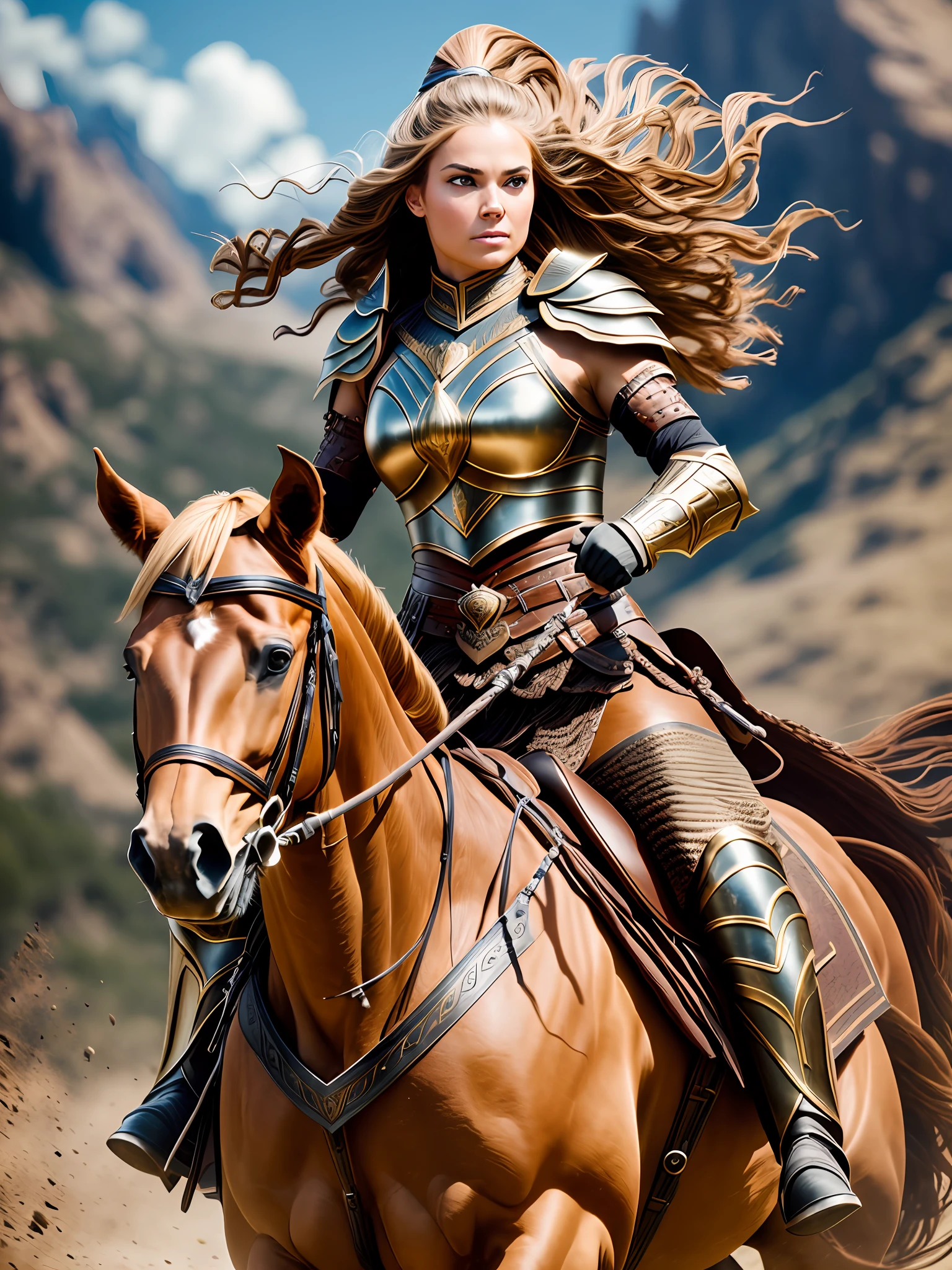 An ultrareakistic epic photography of a Valkyrie warrior on a horse riding into the battle, intense action, cinematic rim light, intense action, dynamic juxtaposition, young warrior, very high quality face, exploitable image, long windy hair, stylized dynamic folds, very rustic and beautiful woman, full focus, tiltshift, cinematic lighting, movie still, cinematic lighting, photograph, detailed symmetric realistic face, extremely detailed natural texture, peach fuzz, masterpiece, absurdres, nikon d850 film stock photograph, camera f1.6 lens, extremely detailed, amazing, fine detail, hyper realistic lifelike texture, dramatic lighting, unrealengine, cinestill 800 tungsten, looking at the viewer, RAW photo, high quality, highres, sharp focus, extremely detailed, 8k uhd. --auto --s2