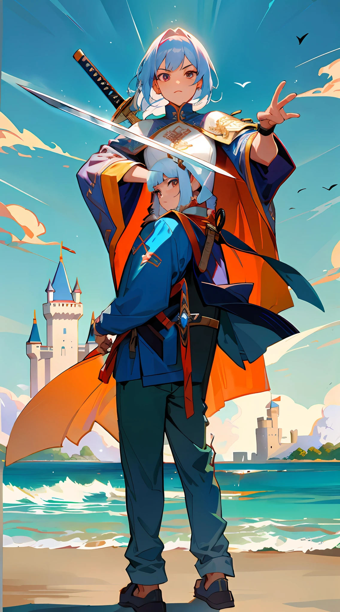 castle background, bring sword on back