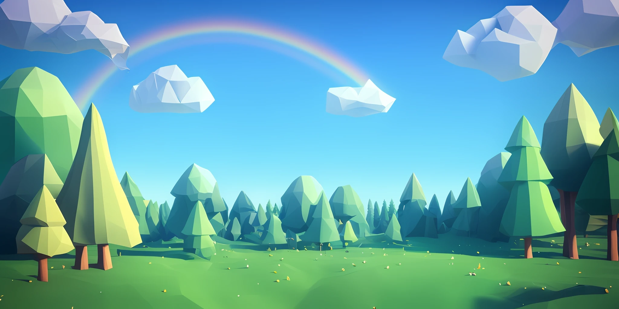 There is a landscape with trees and rocks, forest, rainbow in sky, clean background, blue sky, no clouds, green forest, ((low poly)), 3D rendering, oc rendering, best quality, 4k,
