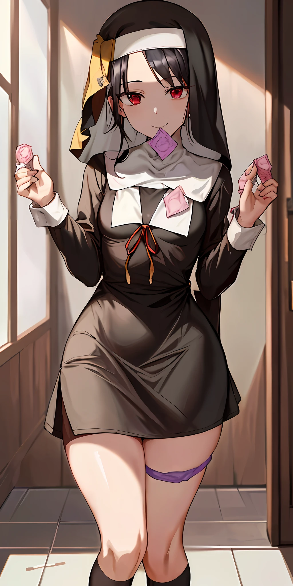 2d, masterpiece, best quality, anime, very detailed, cowboy shooting, 1girl, solo, kaguya shina shina shōnomiya, red eyes, black hair, headband, red ribbon, school uniform, short skirt, long sleeves, small breasts, standing, indoor, hallway, smile, (((thighs hanging with used condoms, a whole bunch of open condoms, all on the ground, nuns)))), all on the ground ((sweat flush,, bite the condom, holding a condom, after use the condom hanging on the chest and leg strap)) at the door