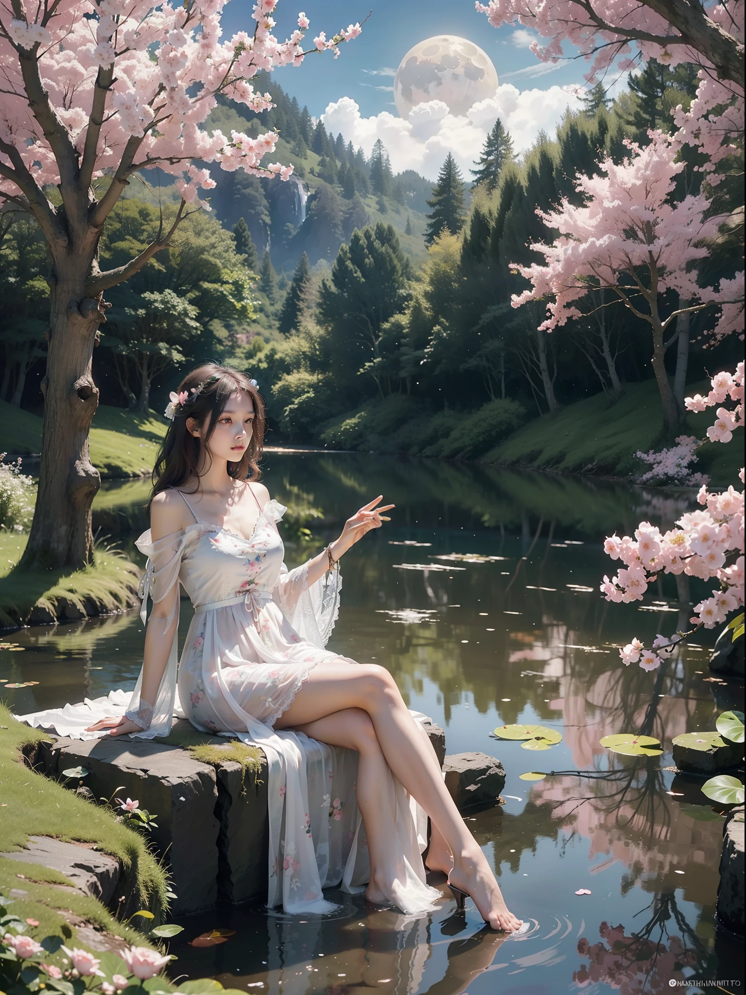 ((best quality)), ((masterpiece)), (detailed), ethereal beauty, perched on a pink blossom tree, (fantasy illustration:1.3), enchanting gaze, captivating pose, solo girl, delicate butterfly wings, otherworldly charm, mystical sky, (Luis Royo:1.2), (Yoshitaka Amano:1.1), moonlit night, soft colors, (detailed cloudscape:1.3), (high-resolution:1.2) (dragon flying in the sky) long white dress, legs dangling above pond, long victorian dress,