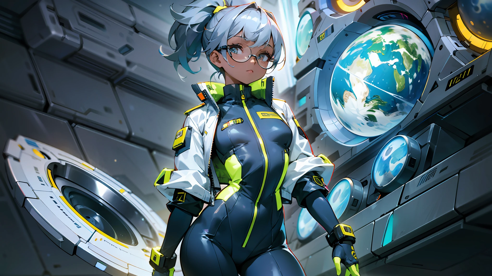 1girl dark skin, small breasts, wears thick-framed glasses that highlight her facial features, with short hair, ponytail and gray, silver jacket with futuristic details such as luminous panels and multifunctional pockets. Underneath her jacket, she wears a tight jumpsuit, with details in vibrant colors reminiscent of the stars and planets of outer space, high-top boots with non-slip soles,