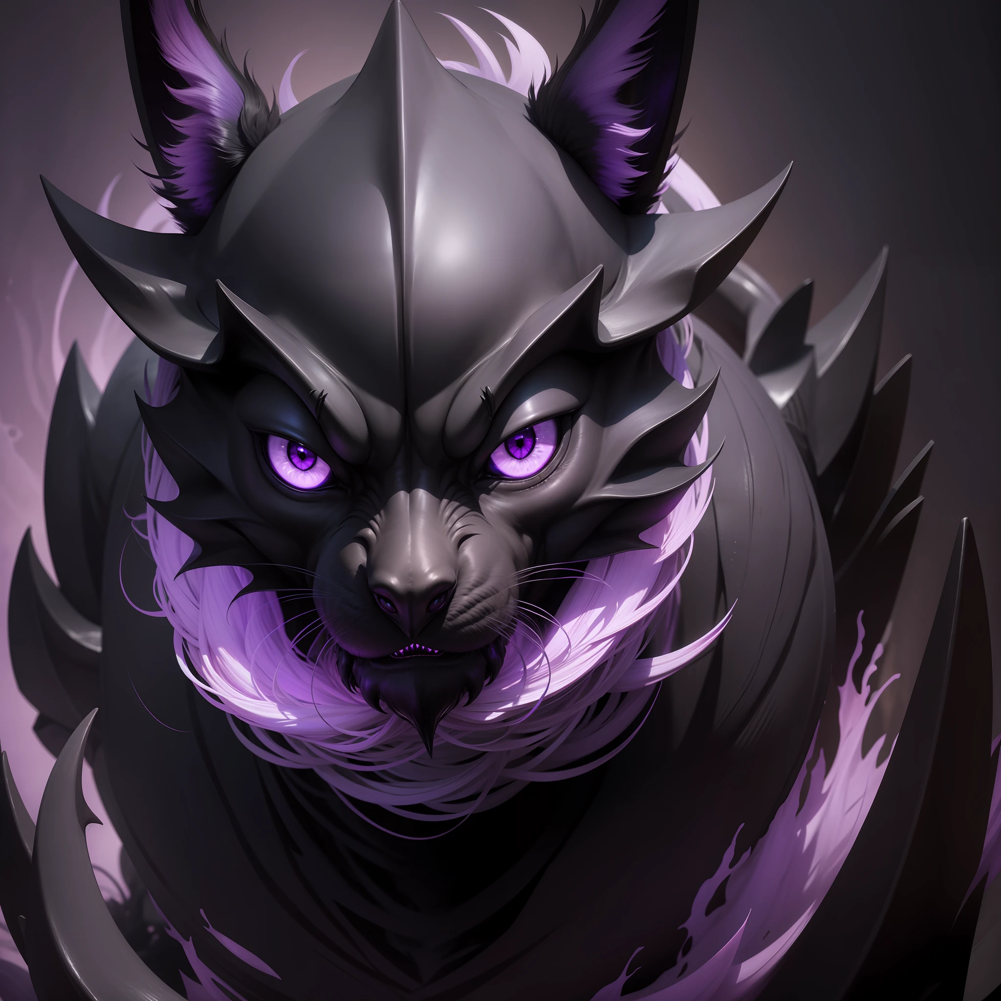 black creature quadruped, giant, purple eyes, staring at the camera, frightening aura