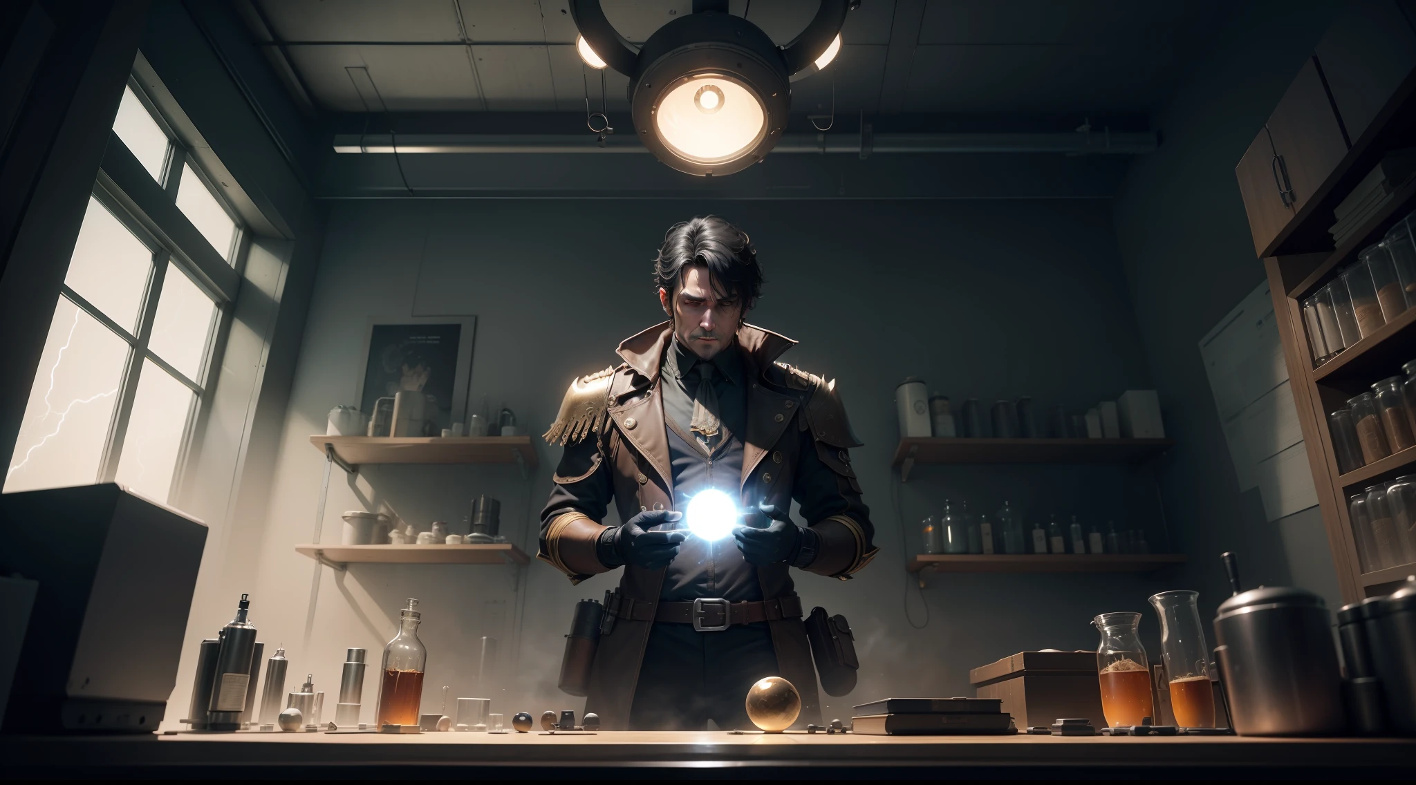 /imagine prompt: illustration of In the laboratory, a middle-aged man with black hair is installing a quantum ball, emitting light ,Black haired middle-aged man::12, Quantum sphere luminescence::15, Conduct experiments::10, Many miscellaneous items::13, Lightning, a lot of lightning::17, rule of thirds composition::12, Full Length Shot::13, Unreal Engine::10, beautiful lighting::10, Studio light::13, Cinematic light::15, Fantasy::12, Cinematic::12, hyper quality::8, Futuristic laboratory::13, Steampunk::12 --seed 4242345643 --s 400 --q 2 --c 40