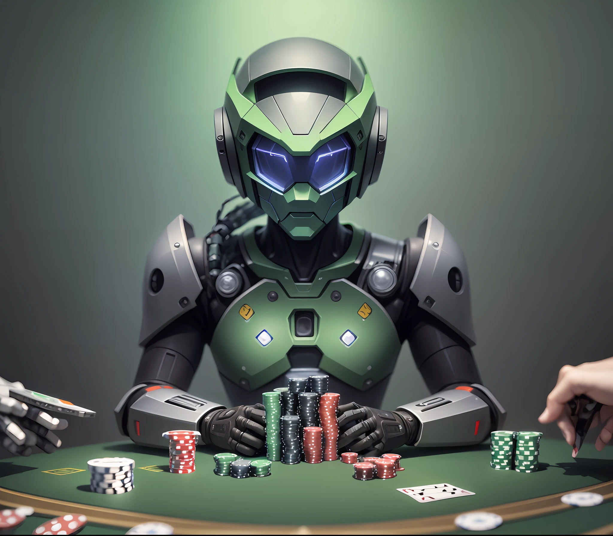 The robot plays poker with real people, above each living person you can see a diagram with a chance of winning, green tones, dark background, realism --auto --s2