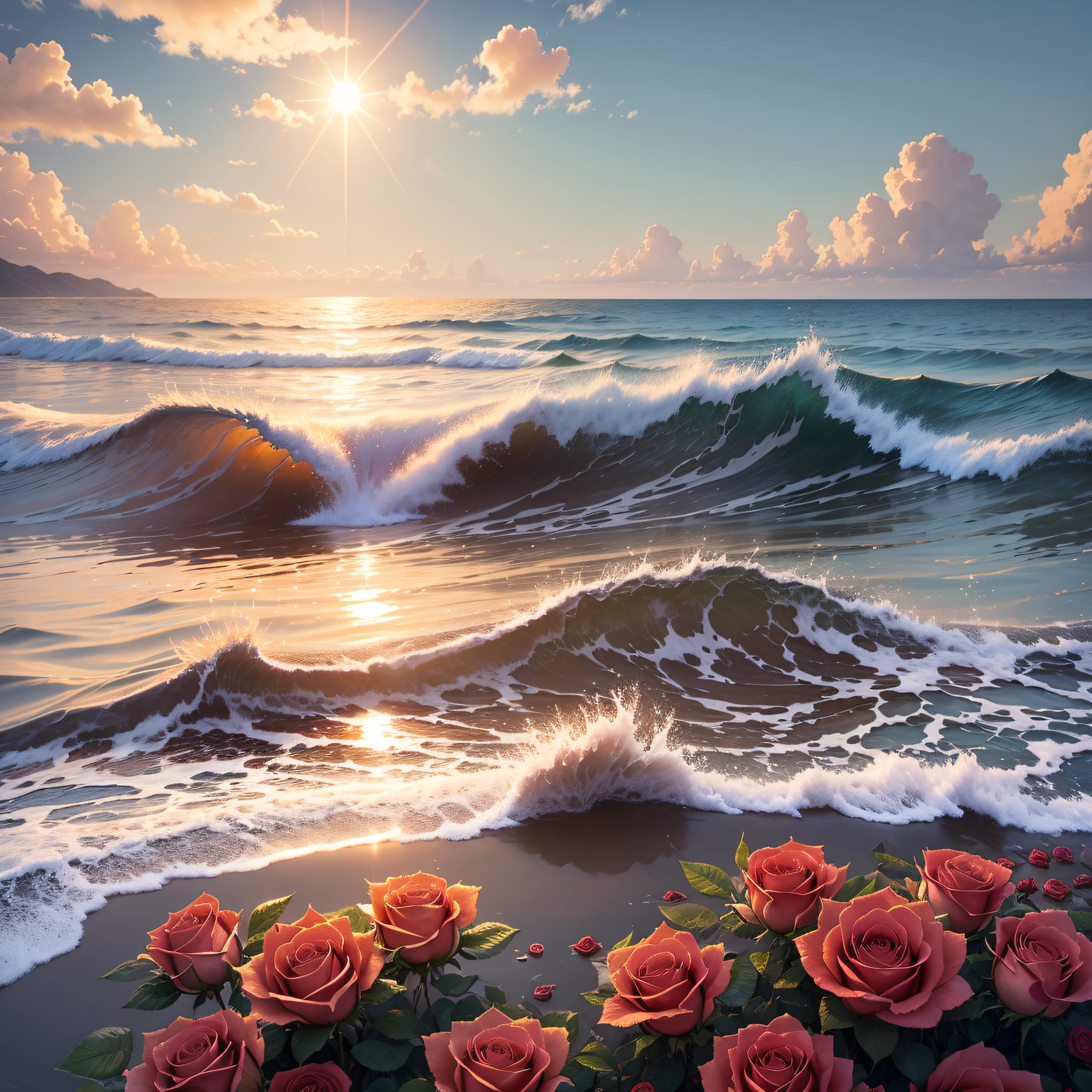 Waves, roses, sun, warm light, wings, blisters, reflections, clouds, concrete, detailed, clear --auto --s2