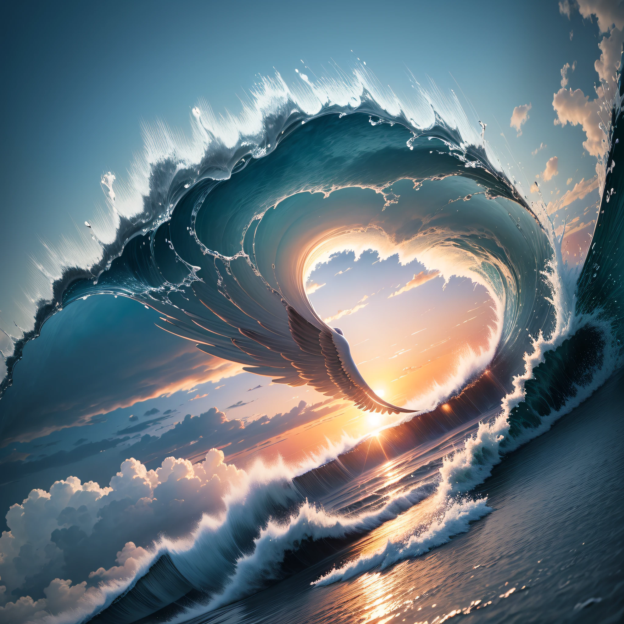 Waves, roses, sun, warm light, wings, blisters, reflections, clouds, concrete, detailed, clear --auto --s2