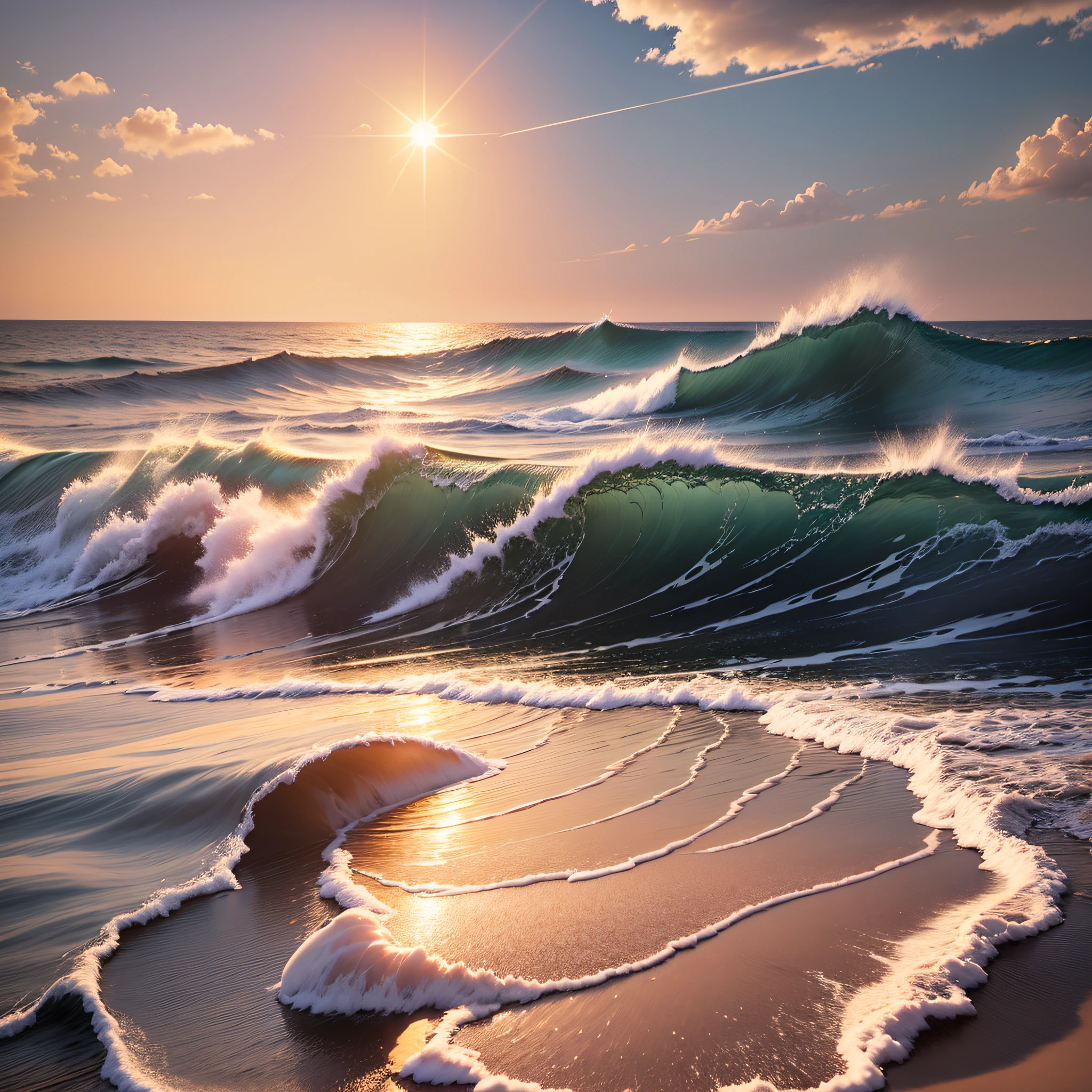 Waves, roses, sun, warm light, wings, blisters, reflections, clouds, concrete, detailed, clear --auto --s2