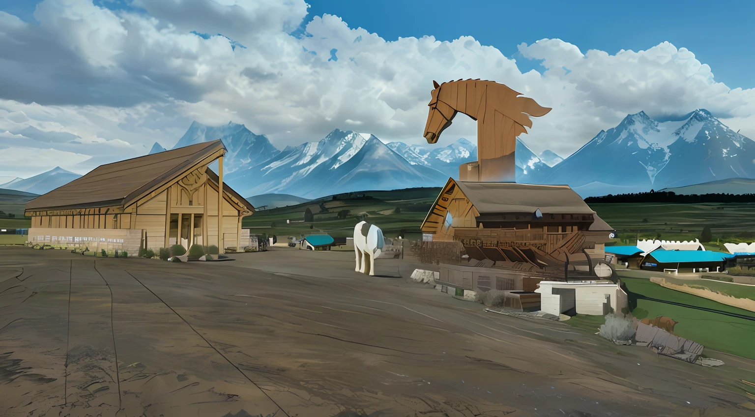 Pixar style digital rendering of large wooden horse statue, standing in front of the Whiterun complex, surrounded by Kazakh national stables, mountains as the background, horse valley in the distance, background horses, grasslands, racetracks and other details are depicted finely, the overall rendering has the meaning of concept rendering.