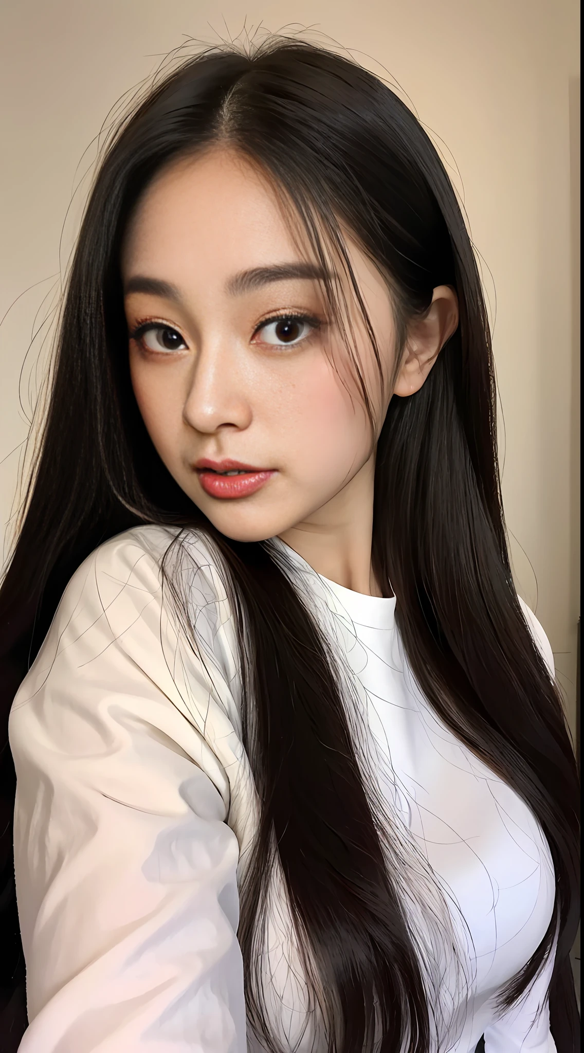 Close up of a woman with long hair and white shirt, Dila Badir Murat, young cute girl, gorgeous Chinese model, Ruan cute vtuber, she has a cute face, very beautiful and cute catwoman, cute doting eyes, cute korean face, young cute square Asian face, young cute korean face