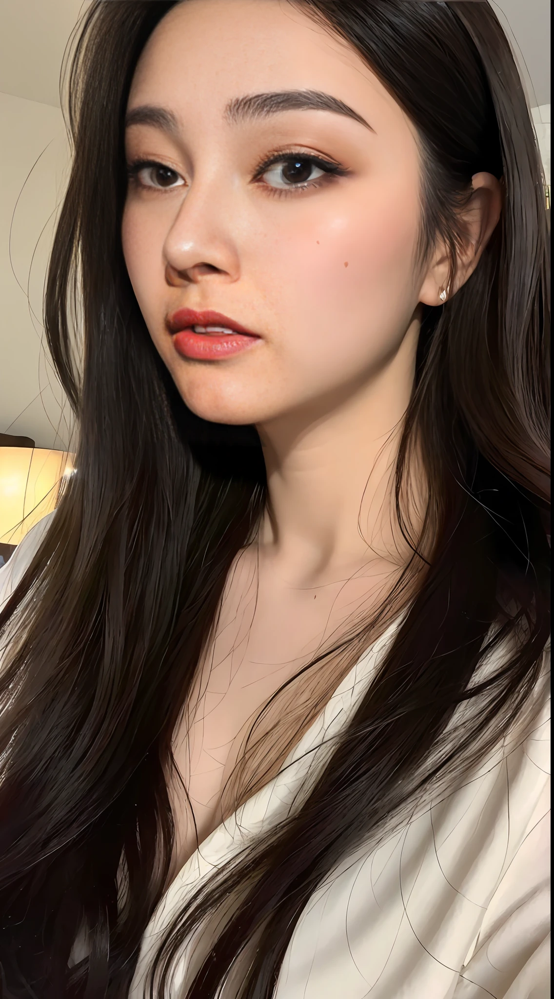 Close up of a woman with long hair and white shirt, Dila Badir Murat, young cute girl, gorgeous Chinese model, Ruan cute vtuber, she has a cute face, very beautiful and cute catwoman, cute doting eyes, cute korean face, young cute square Asian face, young cute korean face