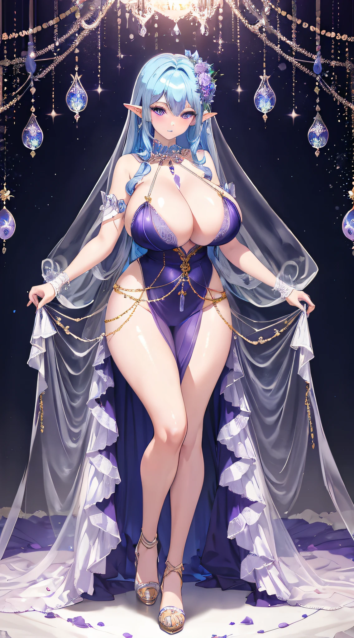 Big elf, blue hair, purple jewel eyes, hot figure, big beauty, delicate and beautiful face, full body portrait, big eyes, beautiful face, big, transparent tulle texture clothing, sexy and alluring, plump body, hands holding chest, perfect body proportions, bumpy and convex