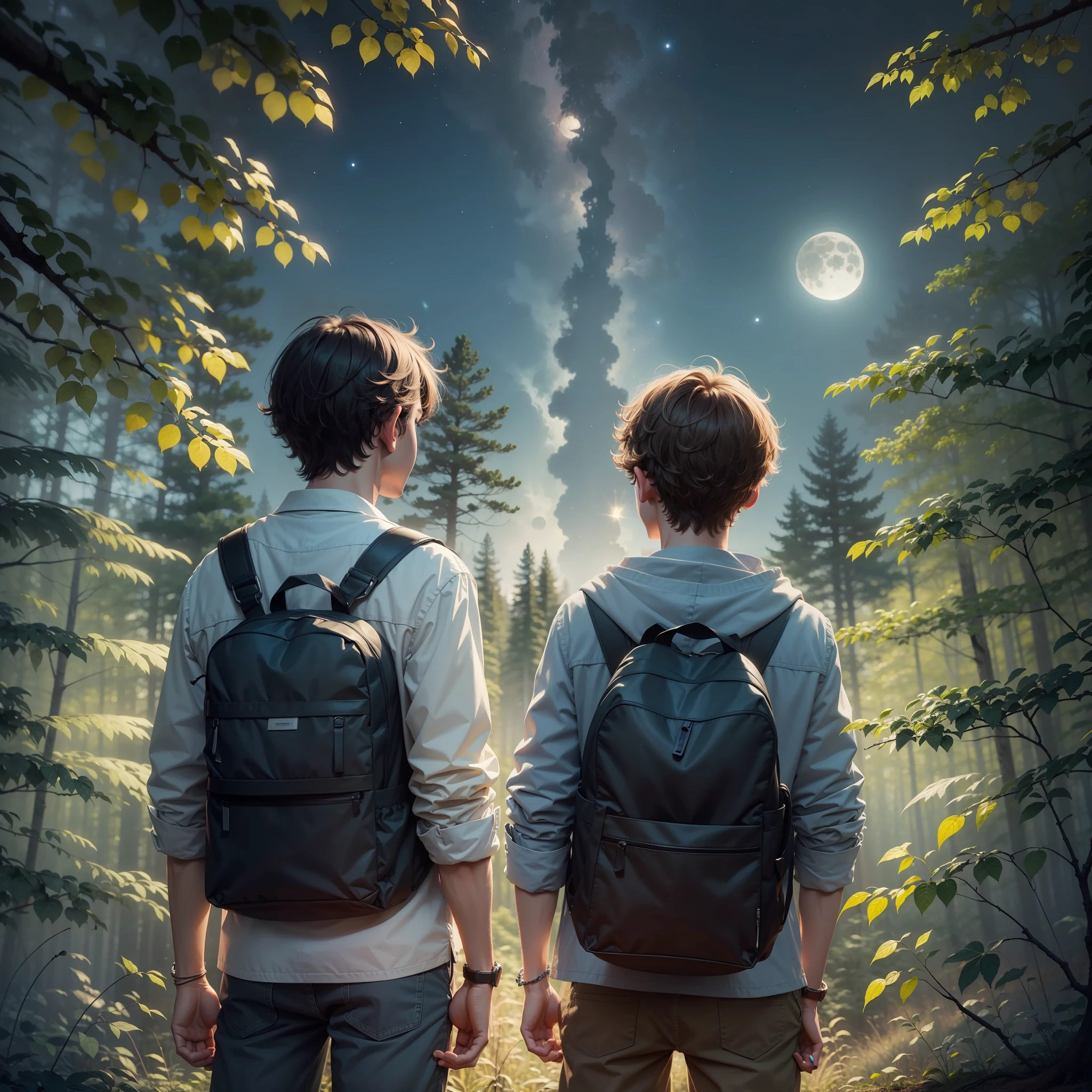 Extremely realistic picture of boys in a forest watching the moon illuminating the night --auto --s2