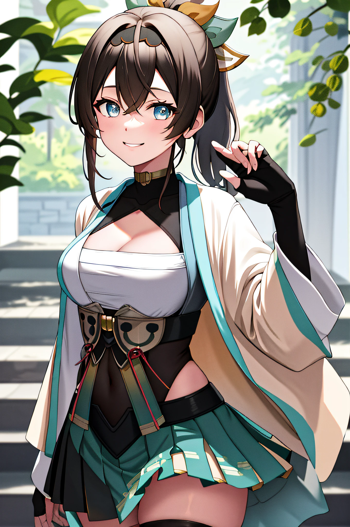 masterpiece, exquisite, hi-res, 1girl, iroha Kazama, blonde, fingerless gloves, gloves, exposure, knee-high, kimono, white neeso, skirt, haori, black gloves, hair band, bangs, sheath, pleated skirt, ponytail, breasts, sheath, blue eyes, hair between eyes, black hair band, hair ornament, leaf hair ornament, long sleeve, covered navel, mini skirt, big tits, upper body, smile, outdoors,