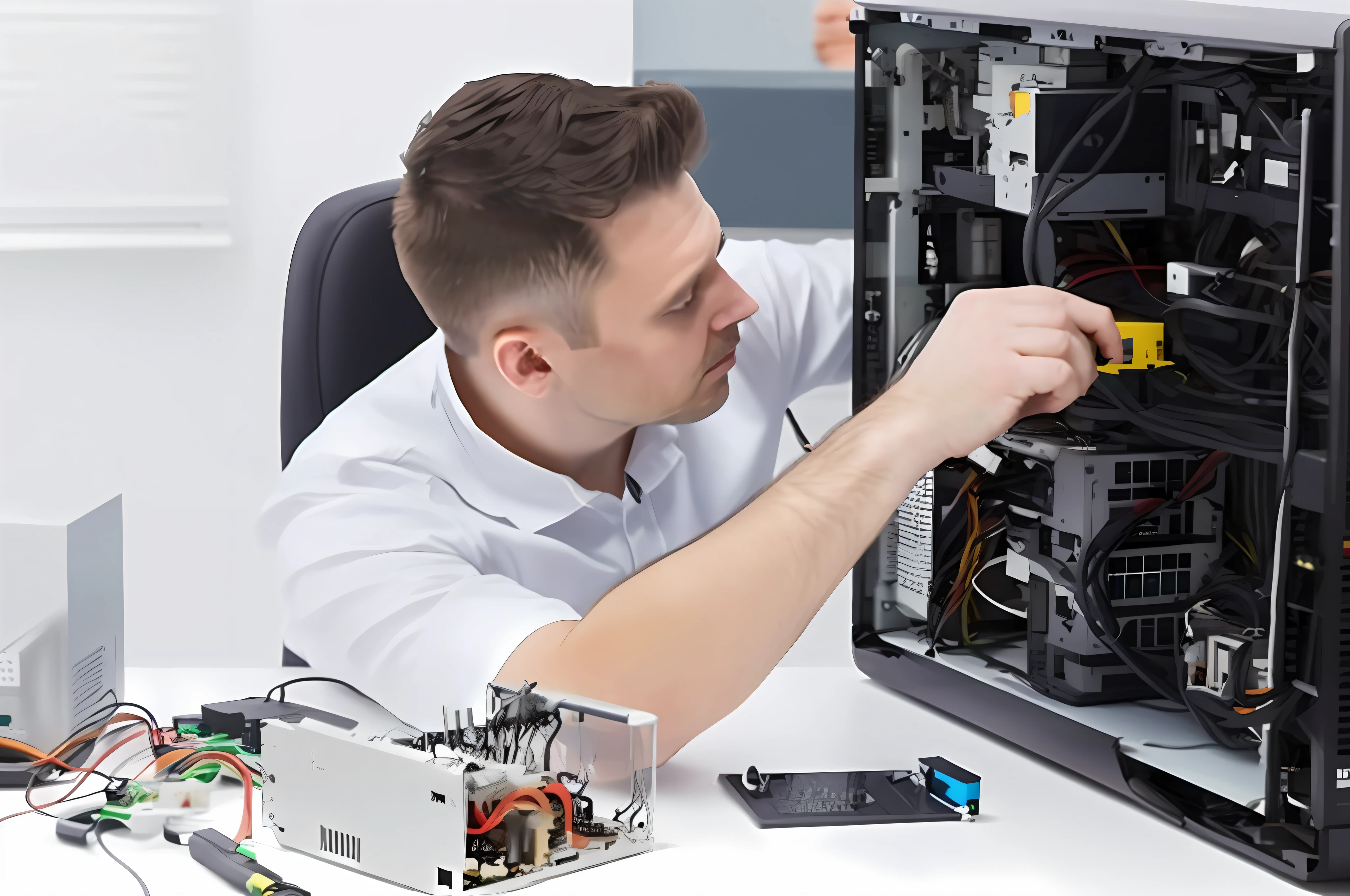 [(Man), white shirt, fixing computer, PC], [(white background), natural light, (intense sunlight:0.8), looking at screen],[(computer peripherals), cable, mouse, keyboard], [(top perspective), close-up, ({big hand}:1.2), ({dirty nails}:0.9), details)]