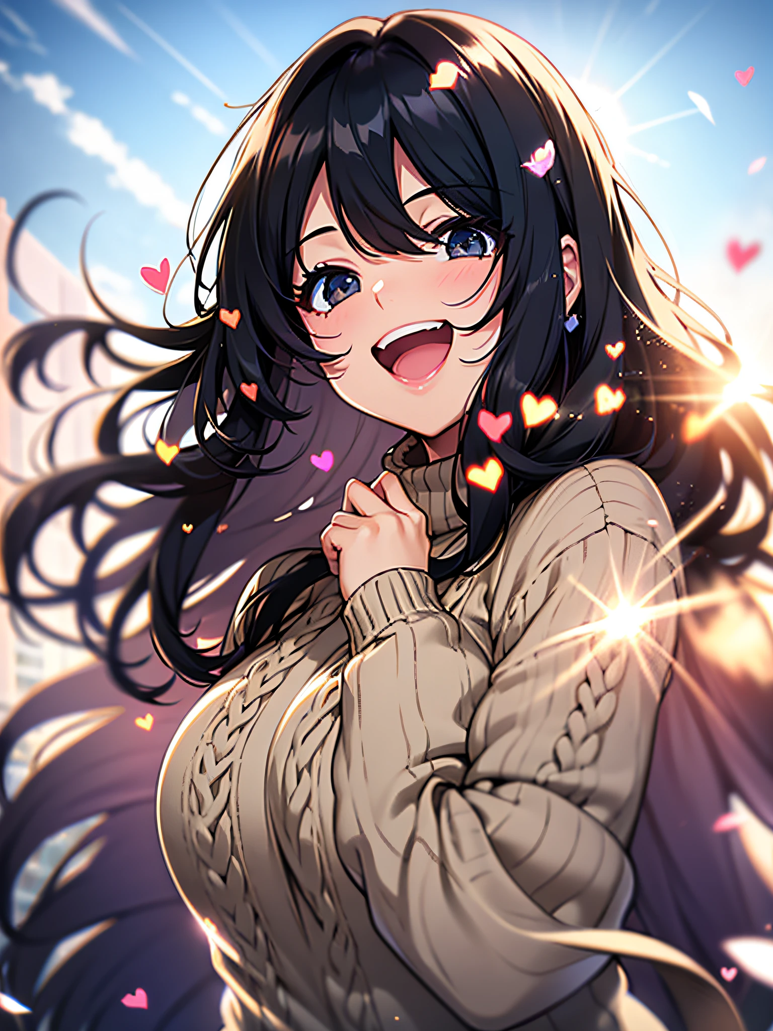 a girl, black hair, cosy sweater on, upper body, (huge Laughing:1.1), (open mouth:1.1), (wide open eyes:1.2), sun glare, bokeh, depth of field, blurry background, light particles, strong wind, (heart particles:1.1), 4k