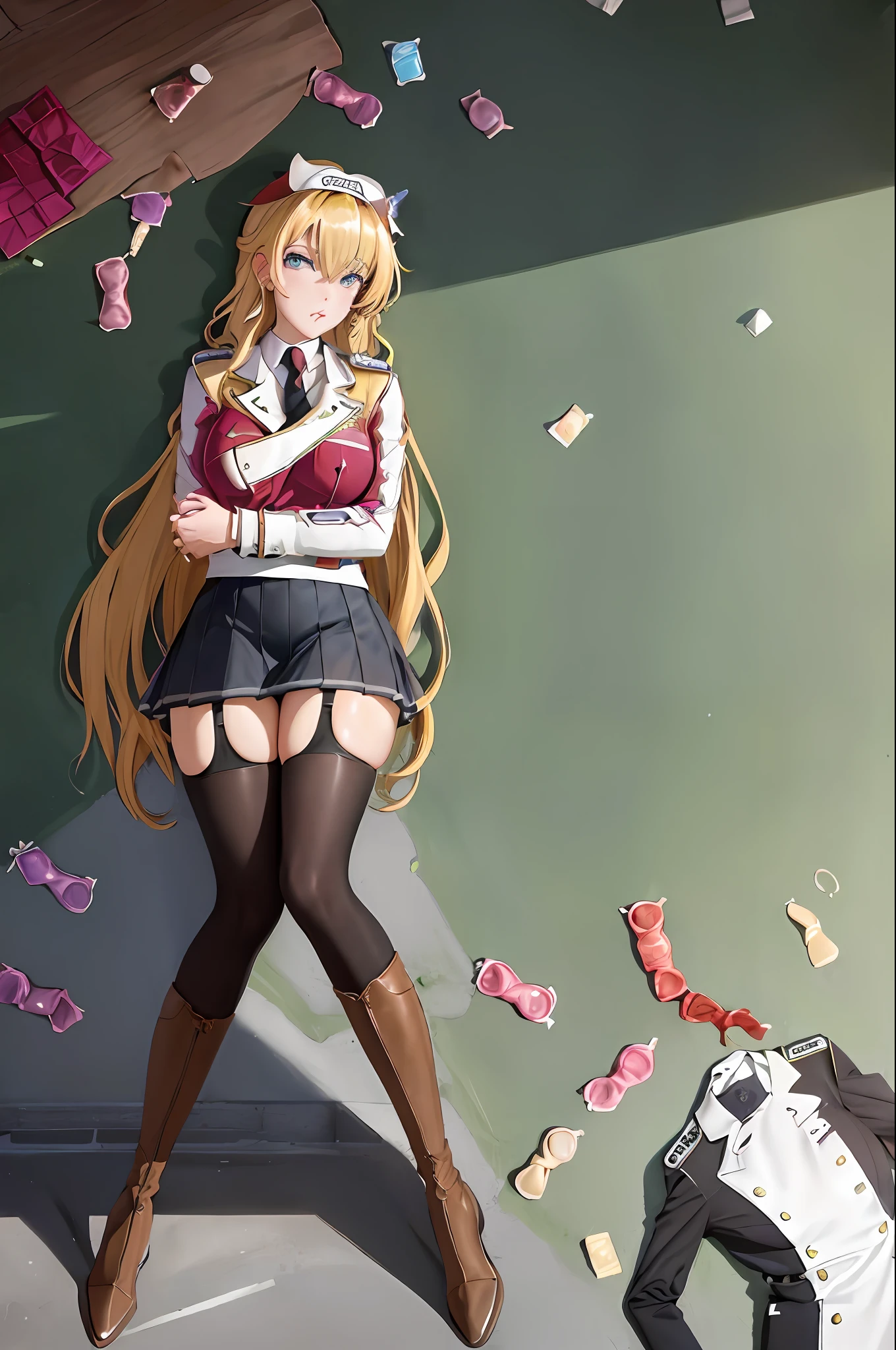 Claire Harvey, Drill Hair, Thighs, Double Diamond, Garters, Boots, Long Hair, Blonde, School Uniform, Zetai Longwood, (Full body: 1.3), Classroom, ((Wearing condoms hanging on thighs, a whole bunch of open condoms, all on the floor, nun))), all on the ground ((sweat flush,, Biting the condom, holding the condom, Wearing the condom after use, Hanging on the chest and leg straps)) at the door