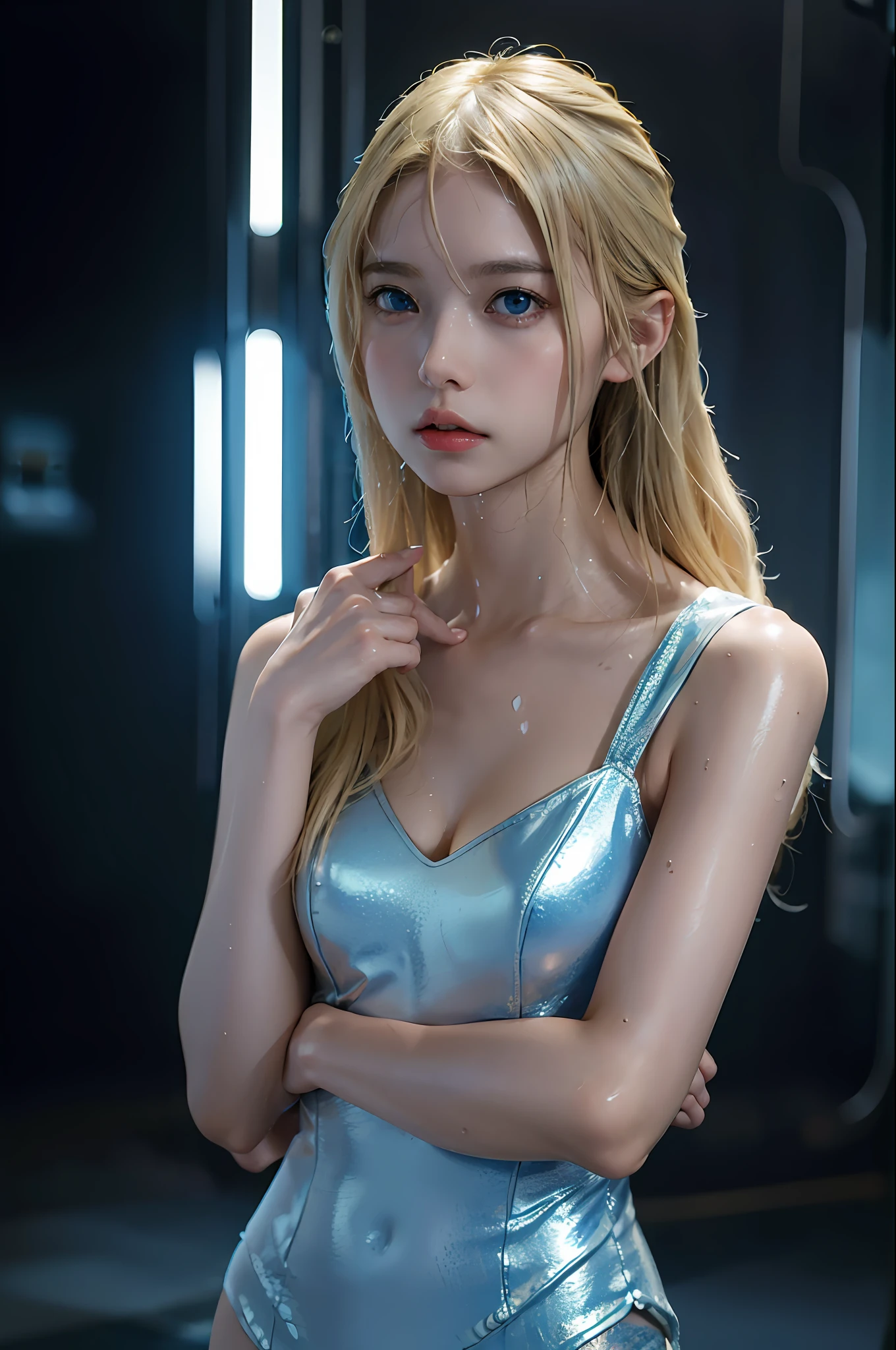 Top Quality, Masterpiece, Ultra High Resolution, (Photorealistic: 1.4), Raw Photo, 1 Girl, Blonde, Glossy Skin, WET BODY, Moist Blue Eyes, Wet Ajar Lips, Dramatic Lighting, Full Body,, Cyberpunk Metallic Suit, Big, Adorable Pose, Bright Studio
