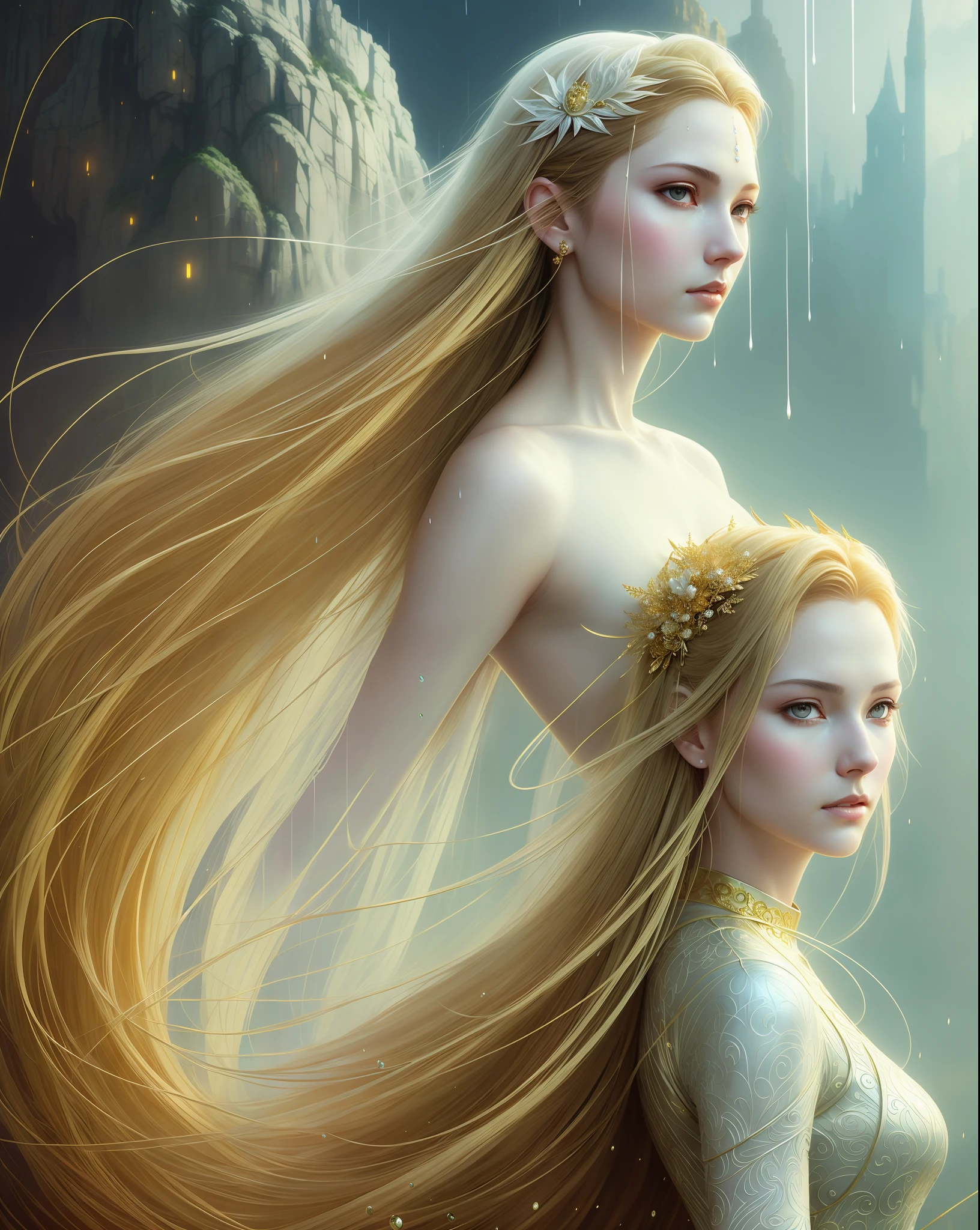 golden tone and white dressed, spider woman, realistic photo, beautiful face, silver long hair, bride, high detailed skin and hair, windy, drip outfit, heavy rain, magical, highly detailed, trending on artstation, unreal engine 4 k, cinematic wallpaper by stanley artgerm lau, wlop, rossdraws, james jean, andrei riabovitchev, marc simonetti, yoshitaka amano. background by james jean and gustav klimt, light by julie bell, 4 k, porcelain skin, style of zdislaw beksinski, detailed, 8k, dynamic lighting, white chromatic aberration, soaking wet,