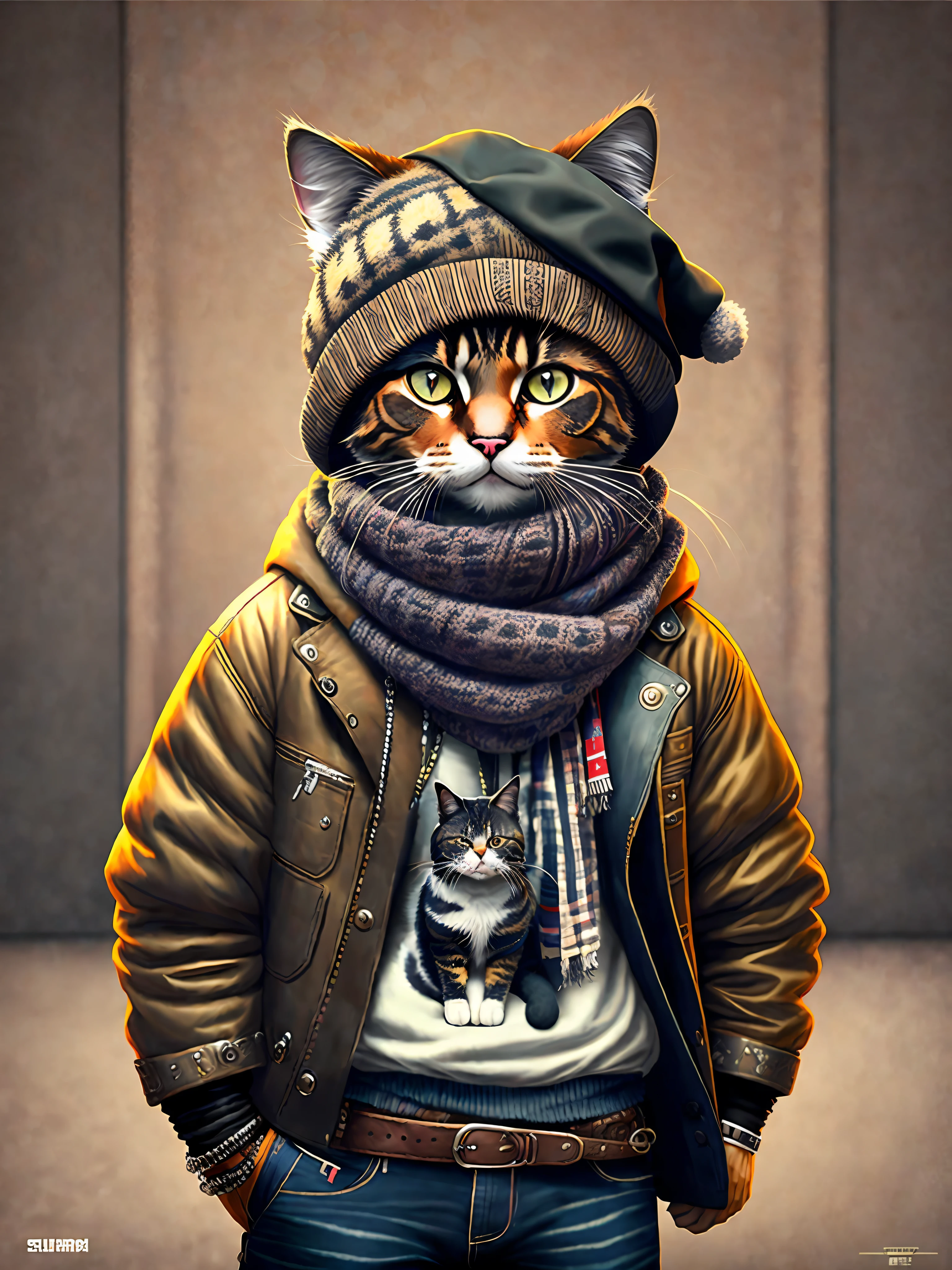 picture of a cat in a hat and scarf, art station trend, dressed in punk clothes, hyper realistic detailed rendering, british gang member, urban style, intimidating pose, planet of cats, fashion clothes, urban samurai, meow, west slavic traits, 8 1 5